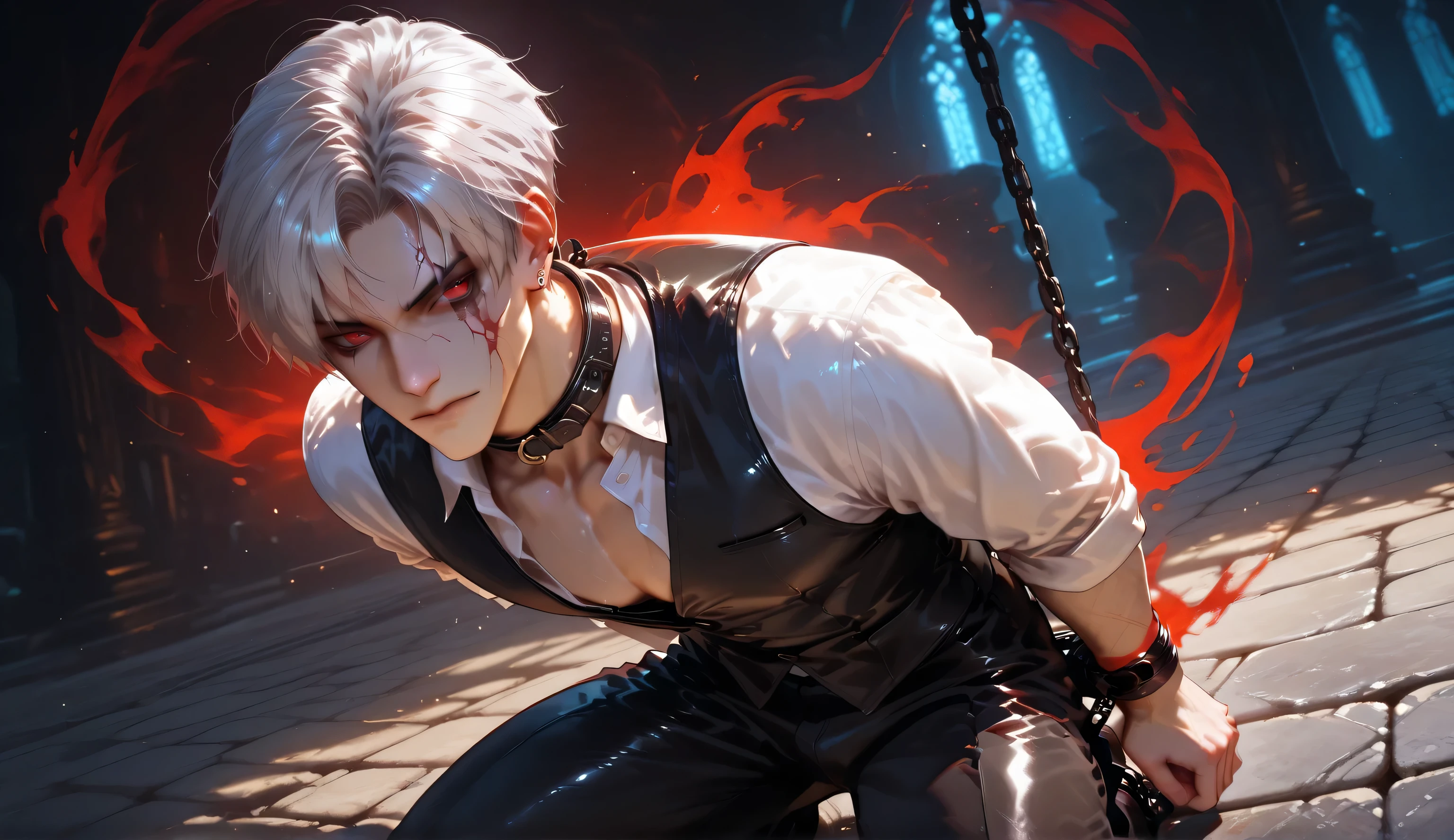 male, solo, sylus, lads, grey hair, white hair, sharp facial features, piercing red eyes, black eyebrows, kneeling, wrists bound behind back with sleek metallic restraints, black leather collar softly glowing red, tailored black vest, unbuttoned white shirt, dimly lit cinematic chamber, dark fantasy aesthetic, faint red ambient lighting, smooth polished black stone floor, mysterious atmosphere, subconscious dreamlike haze, enigmatic expression, looking upward, high quality, dramatic chiaroscuro, highly detailed lighting,