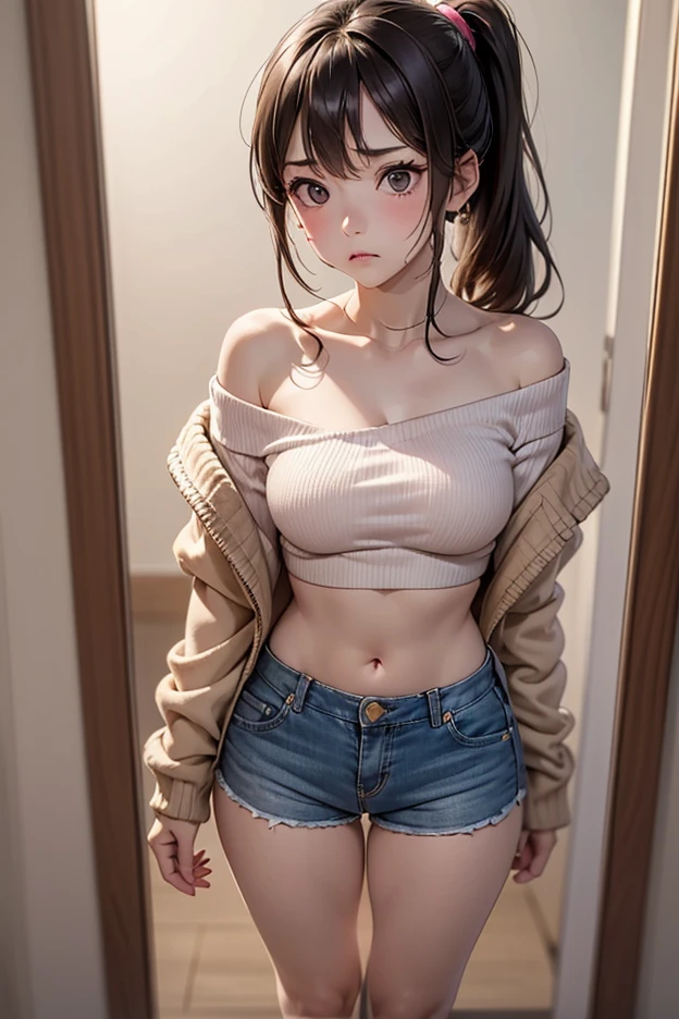 (Masterpiece, Best quality), 1girll, brown hair, Crop top, Denim shorts, Bedroom, striped thighhighs,