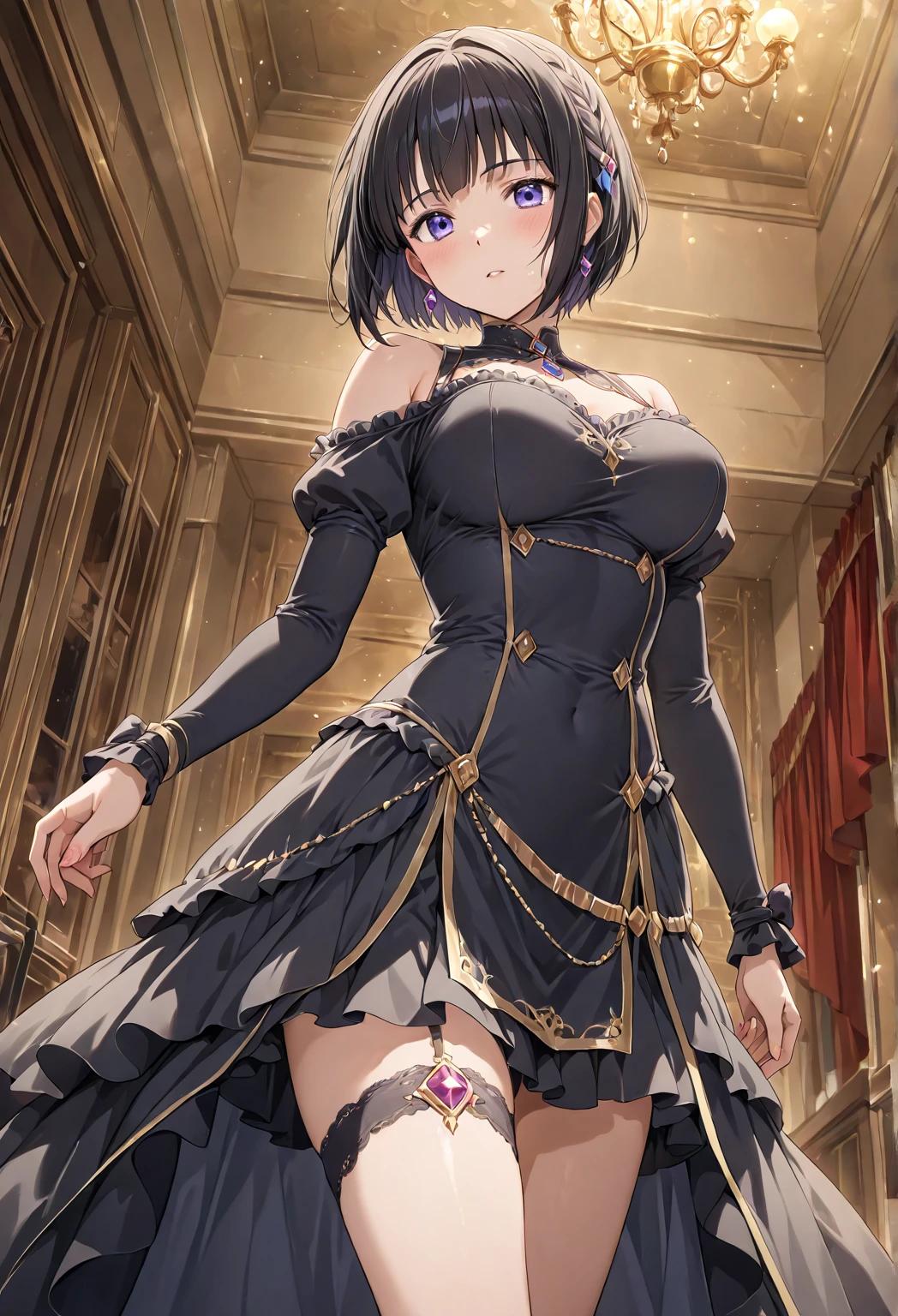 1girl, masterpiece, extremly detailed, ((Cinematic lighting)), (glowing), ((dramatic lighting)), ((beautiful detailed glow)), intricate detail, lens flare, black hair, purple eyes, purple dress, black corset, tight, large breasts, bare shoulders, noble, fluttering dress, frills, spotlight, dancing hall, hall, light smile, half closed eyes, golden embroidery, half updo, detailed background