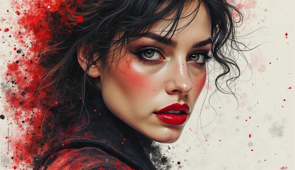 a ((film noir)) portrait painting of  looking at the camera with a subtle smile, she is wearing red lipstick and small black earrings and has bare shoulders and ((exposed breasts)),  shaft of light, by Gediminas Pranckevicius, Jean Giraud, Russ Mills, Carne Griffiths