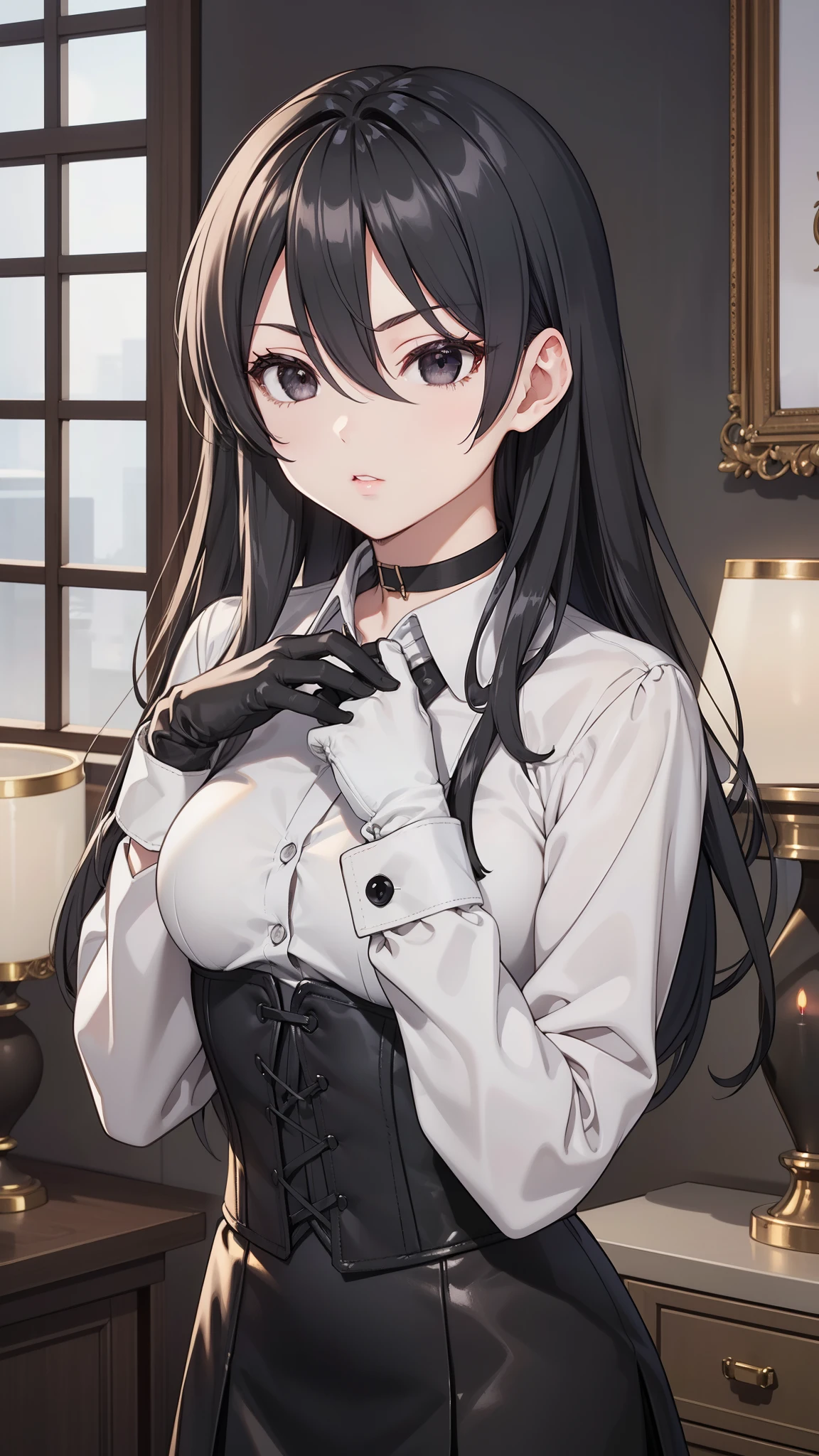 masterpiece background, beautiful art, professional artist, 8K, sciamano240, very detailed face,  detailed clothing, Detailed fabric, (A young girl of short stature),  perfectly drawn body , beautiful face, (long black hair), black eyes, very detailed eyes, serious expression, detailed lips, choker:1.6, (long sleeve buttoned white collar shirt), black gloves,  gloves that cover my hands , (black leather corset), (short black skirt), sensual lips ,  winter afternoon, show details in the eyes, elegant room, candelabras, at night