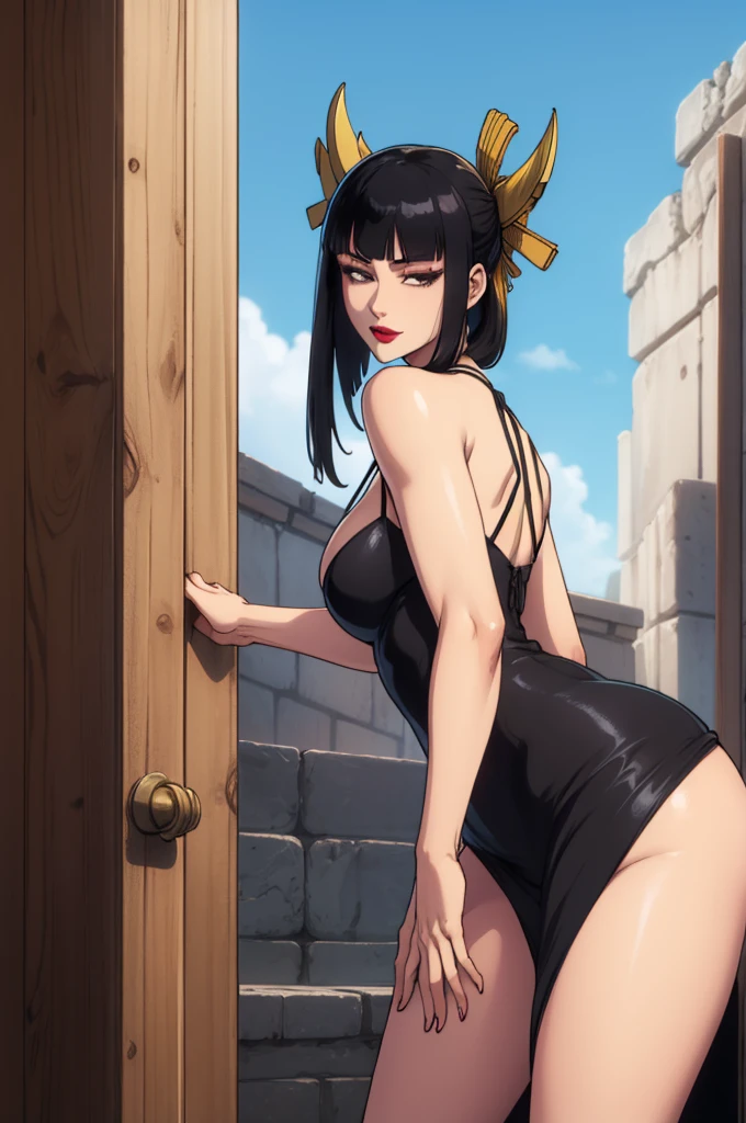 ((ultra-quality)), 1woman(going up the stairs:1.5), (arms are down:1.5), (in 8K), (arms behind back:1.5), (Angle from back:1.6), (side breast), (back view:1.5), (Angle from below:1.5), (profile), ultra high-res, Hyper Detailed, High contrast, (Ultrafine Strike), creative refinement, absurdres, Realistic, extremely detailed CG unified 8k wallpaper, Highly detailed, High-definition raw color photos, professional photography, Realistic portrait, Cinematic Light, Beautiful detailed, 20 years old woman, (realistic skin:1.3), (shiny skin), (Best Quality:1.4), Super Detail, High quality, ​master piece, lifelike, Perfect face, Silly, (sexy hip), (Looking away:1.3), (Cowboy shot), Delicate Beautiful Hair and Eye and Face, Delicate eye, radiant eye, Lifelike, Hyper-detailing, (firm chest:1.6), (upturned chest:1.6), (large breast:1.6), (Beautiful breast:1.5), (breast is covered with backless dress:1.3), (Sheer nipple:1.3), (smooth back), (arms behind back), Beautiful cute woman, camel-toe details, SFW, slim body, pale black eyes, ponytail, on a deserted street