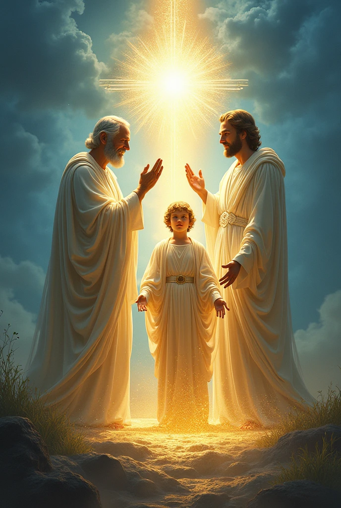 Two men side by side with angel wings, a white man with white hair, another black man with very short hair. Both hold a baby in front