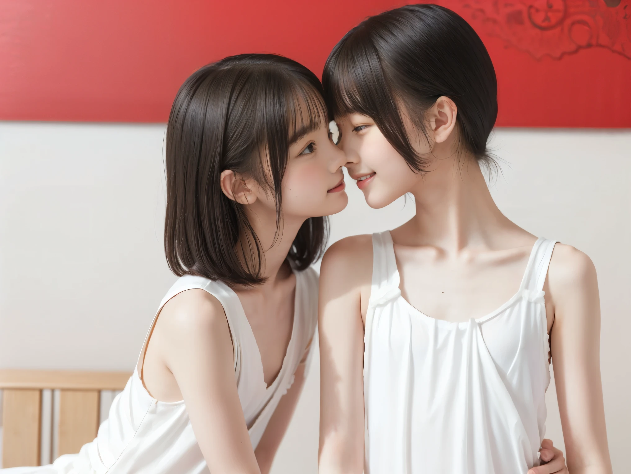 ((two girls kissing)), (((flat chest:1.5))), (((white camisole dress))), (two ddler girls, short hair girl and long hair girl, in old apartment at late night, toler), ((pale skin:1.3, toddler body)), (smile, baby), red room, red wallpaper, narrow room, night time, kissing scene, (top-quality), Realistic, (real picture, Intricate details), natural skin texture
