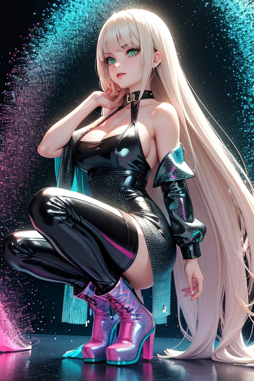 A girl, 20 years, Blonde hair with pink highlights very long straight, fringe, pink eyes, Pale skin, marked feminine features, wearing a full black tight leather suit with pink details, with spider print on the chest in white, white jacket with pink, Posing, hands on hip, smiling, biting the lower lip.
