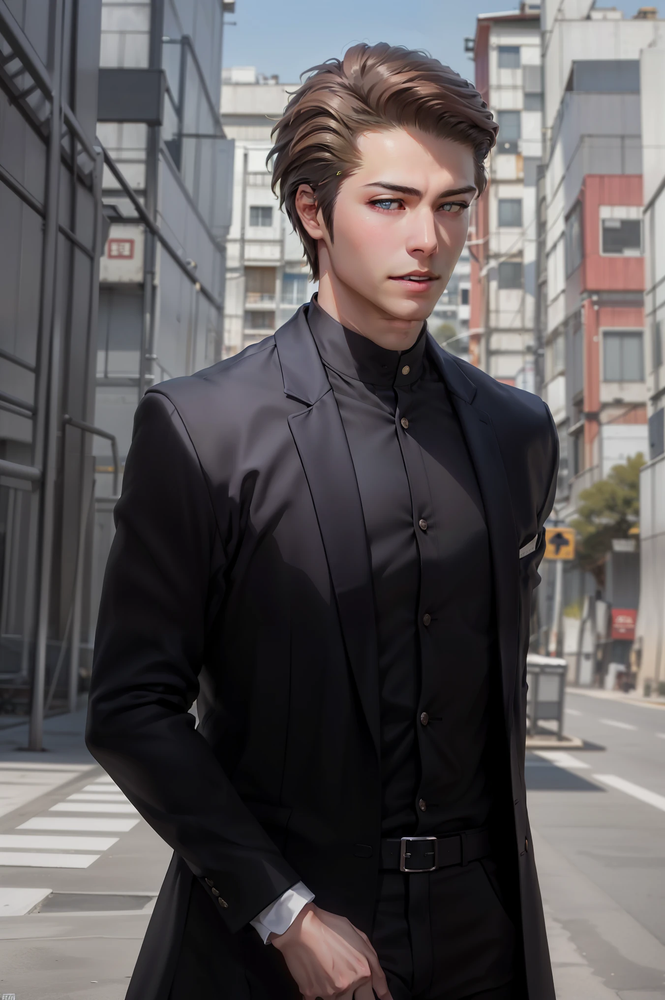 masterpiece, beautiful, ultra-detailed, detailed face, 4k, hd, perfect lighting, best quality, score_9, score_8_up, score_7_up, 2d art, perfect hands, perfect eyes, Aizen, (brown hair), black winter male overcoat black clothing,(masterpiece, best quality:1.2), cowboy shot, solo, male focus, 1boy, looking at viewer,dark formal suit, black formal outfit, black coat, walking straight,(photorealistic:1.4), (masterpiece, sidelighting, finely detailed beautiful eyes: 1.2),black leather gloves,masterpiece, best quality, ultra high res, highly detailed,
