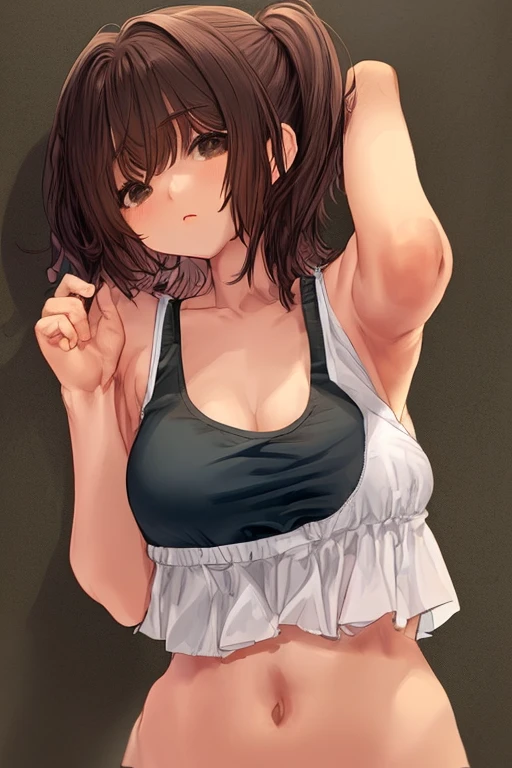 ((masterpiece)), (anime:1.3), ((Highest quality)), (RAW Photos:1.2), (Professional photography:1.3), (High resolution), (12 years old), 8K, Cinema Lighting, Disheveled Hair, (Exposed small breasts), Denim hot pants,(Shiny amber hair), (Healthy dark skin),A badly tattered and torn camisole, (Dirty oversized white camisole), Slim and small breasts, (PAW Pose), (Open your mouth), Textured skin, Cat ear, Light brown hair, Cute beautiful girl, break, ((Highest quality)), (Sitting at the end of an old pier), Slums,