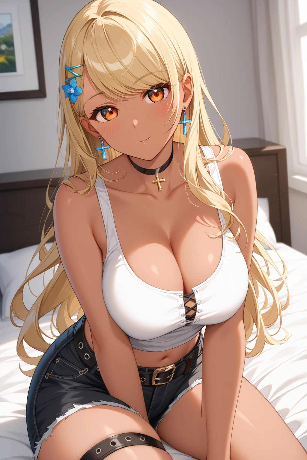 full body, thick curly blonde hair, lustful eyes, open mouth smile, aroused 25 years old, playfully aroused, dripping with desire, busty cleavage, low cut spaghetti strap tank top , shorts, slim waist, posing by the sofa, coy smile with open parted lips, (blushing:1.3), looking lovingly at the viewer, seductive eyes, facing the viewer, livingroom background, arms out (pov), glowing eyes, necklace, earrings, nsfw,