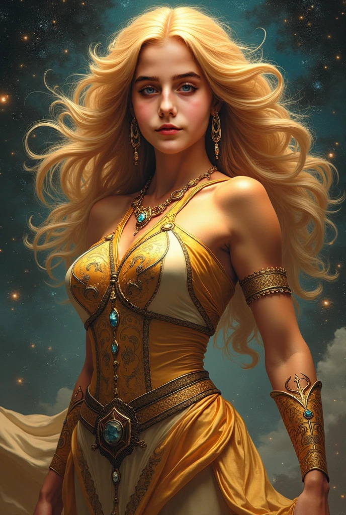 full shot body phot, illustration, cinematic light, fantasy, highest quality, ultra detailed, best quality, masterpiece, (detailed face), tall and sexy mature woman , dress made of gold coins chained together, glowing flowing sand, floating ember crystals, golden hair jewelry, metal reflecting sun light, (focus on body:1.25), clear blue sky, desert and ocean in background, long curly hair, golden eyes, emitting magic energy, dark, light reflection --auto --s2