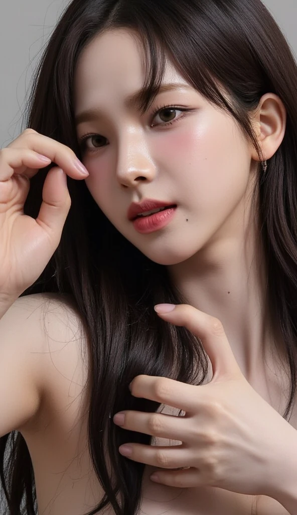 巨作、The highest image quality、highly quality、a beautiful female、japanes、Popular Korean Makeup、detailled、Swollen eyes、detailed eye、Detailed skin、Beautiful skins、ultra-high-resolution、(reality:1.4)、exceptionally beautiful、Slightly younger face、Beautiful skins、thin、(ultra realisitic)、(illutst)、(Hi-Def)、(8K)、(Heavily detailed)(the best illustration)、(beautifully detailed eyes)、(ultra hyper-detailed)、(wall paper)、(details face)、looking at the viewers、fine detailed、 detailed faces、pureerosfaceace_v1、a smile、Looking straight ahead、Looking straight ahead、Angle from the waist up、photograph of-realistic、Bright lighting、Professional lighting、black har(Part of the hair is green)、length hair、a mature female、long stylish bangs、