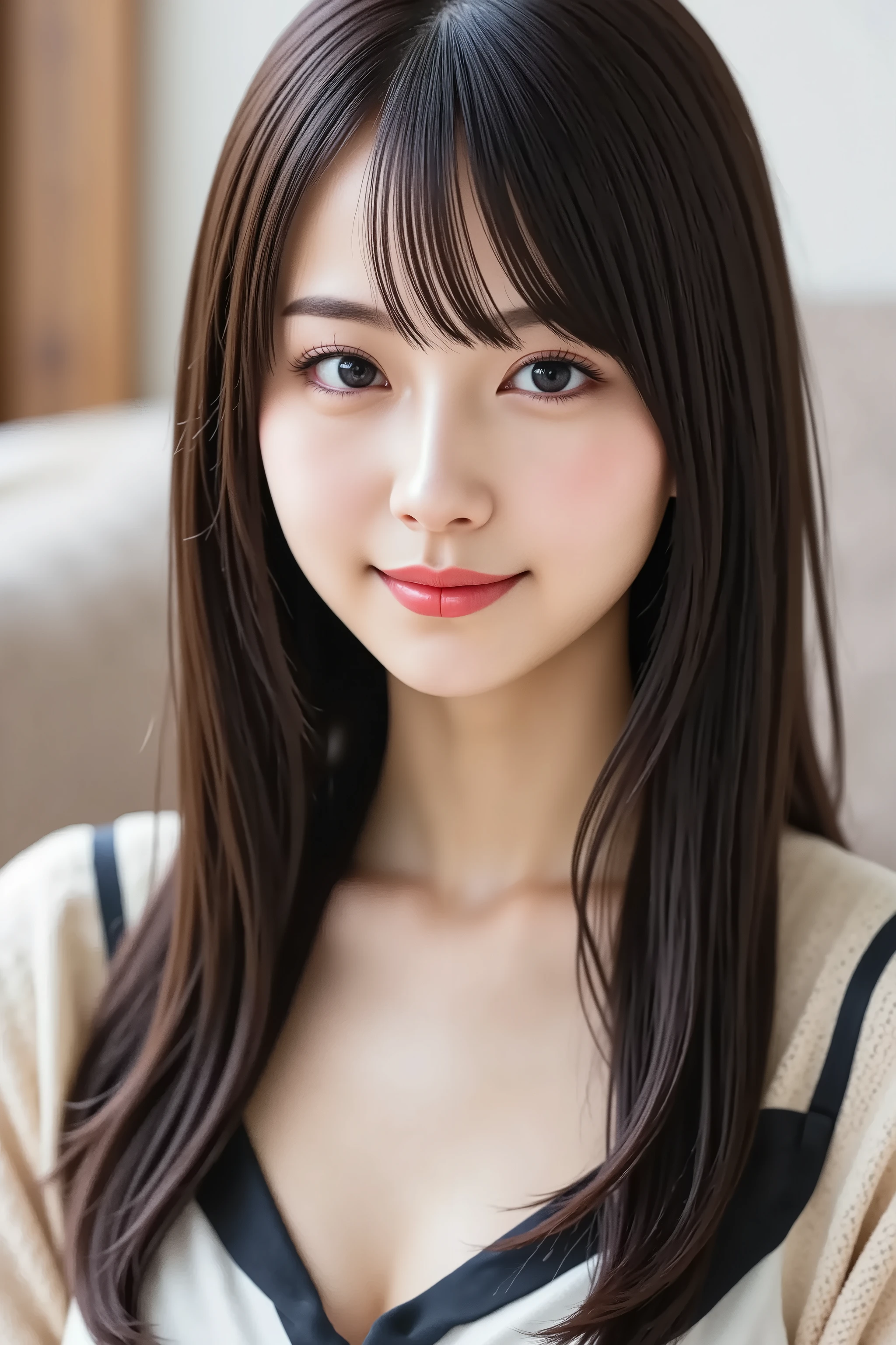 masterpiece, Whorl, A state where the face is placed in the center,  fine, clean skin、Chori blouse, sofa background、long black hair, Bangs, smile, 8k
