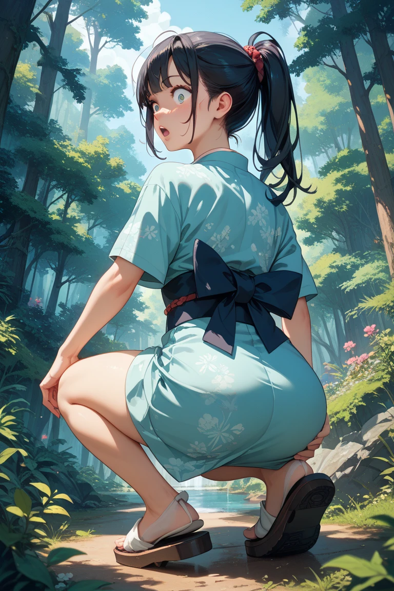 Girl standing in the forest,Short kimono dress,,Beautiful thighs,Embarrassed,To pee,Peeing,Overgrown with trees,barefoot Hold the crotch,Spilling water from the crotch,