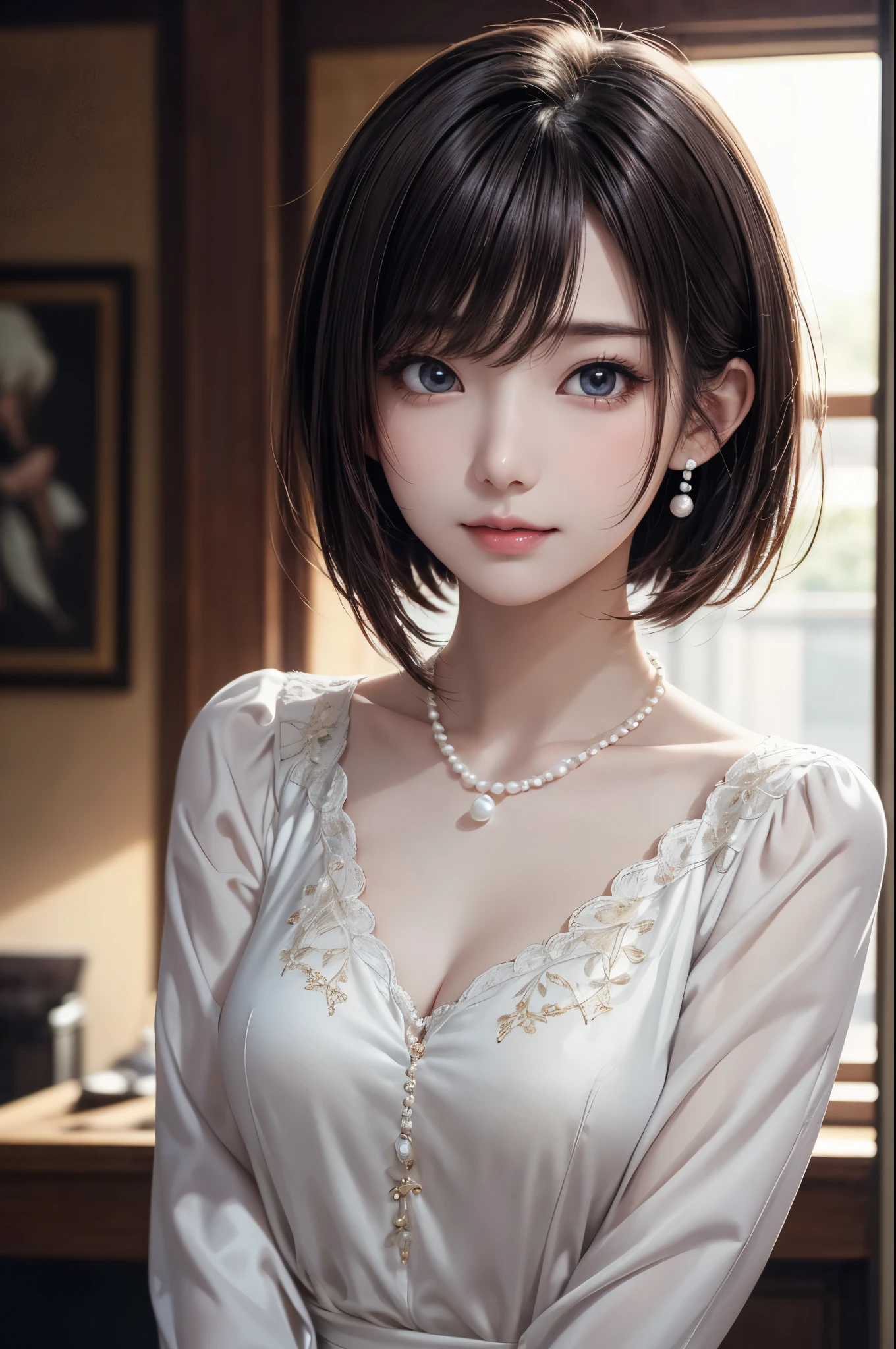 1girl, medium shot angle, upper body, Digital painting, kawaii anime, straight bob hair, beautiful breasts, radiant skin glow, natural face lighting, wearing a silk blouse, A-line skirt, pearl necklace, (masterpiece, best quality, very aesthetic, ultra detailed:1.2), intricate details, high resolution, 8k, sunlight