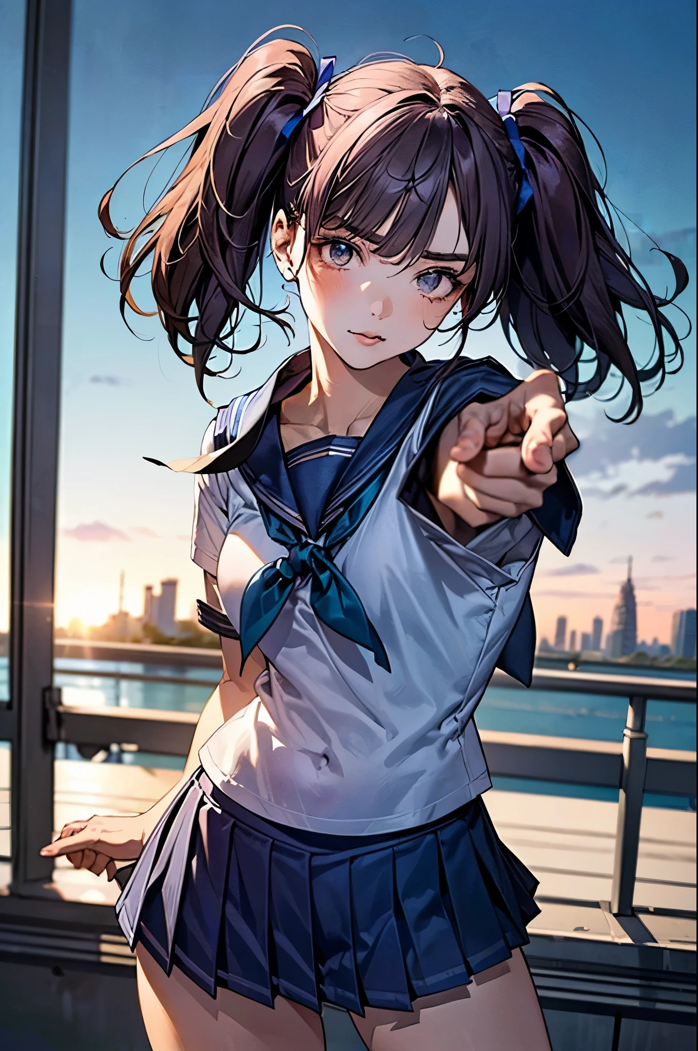 ((jojo pose, jotaro pose)), front view:0.6, pointing, pointing at viewer, 
(masterpiece:1.3, top-quality, ultra high res, ultra detailed), (realistic, photorealistic:1.3), beautiful illustration, perfect lighting, natural lighting, colorful, depth of fields, 2025s, , 
beautiful detailed hair, beautiful detailed face, beautiful detailed eyes, (perfect anatomy, anatomically correct, super detailed skin), shiny skin, 
1 girl, high school girl, cute and symmetrical face, perfect face, perfect eyes, perfect body, perfect fingers, babyface, cute face:1.2, tiny, 
(short hair, twin tails, violet hair), blunt bangs, grey eyes, drooping eyes, big eyes, long eye lasher, (medium breasts, seductive thighs), slender, skin dentation, violet hair ribbon,
(detailed cloth texture), break ((short sleeve sailor uniform, , navy blue sailor collar:1.2, navy blue pleated micro mini skirt)), break ((dark blue sailor scarf)), break 
(beautiful scenery), spring/(seasons/), evening, detailed background, (cityscape:1.5), 