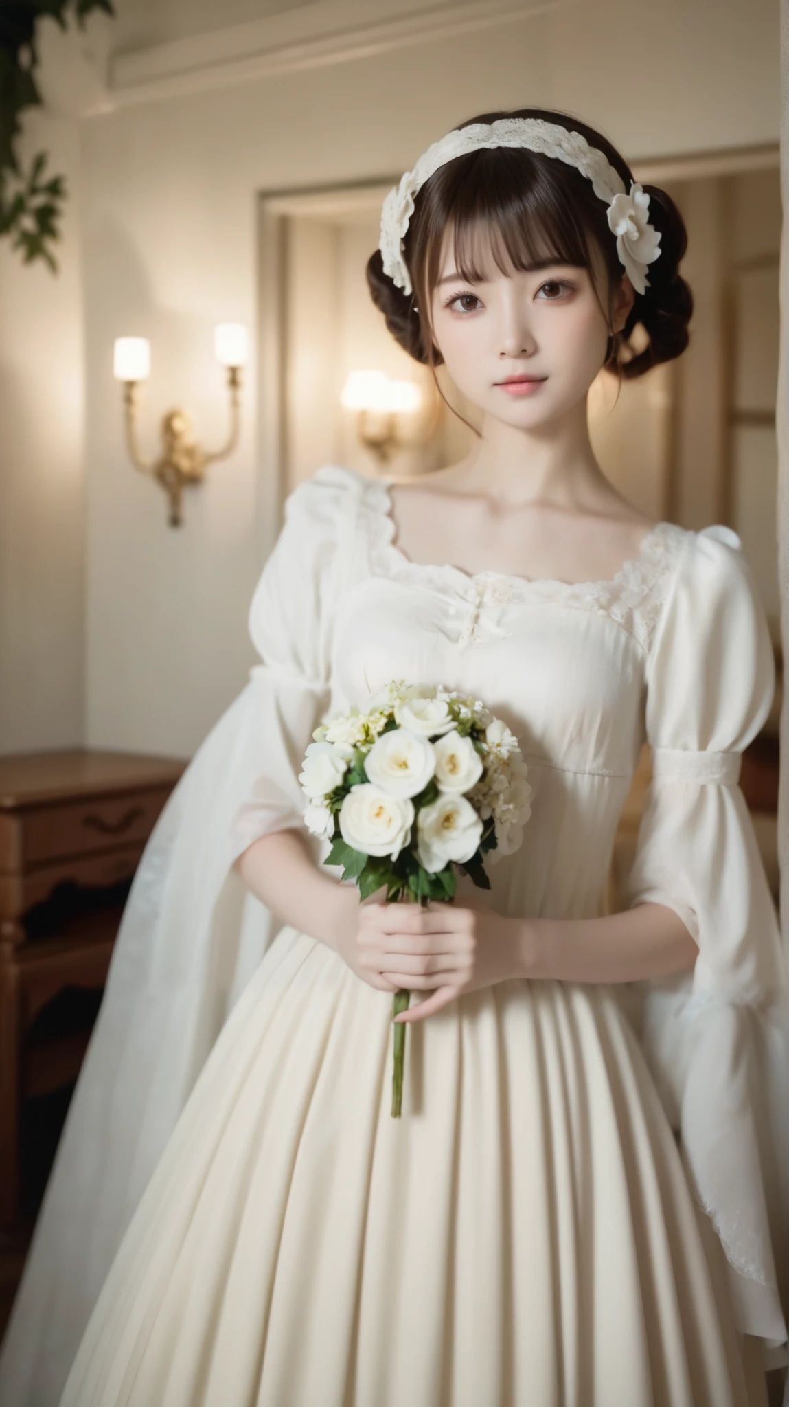 score_9, score_8_ up , score_7_ up ,rating_safe,20 years old,8k,4K,16k, more details , beautiful, beautiful, masterpiece, top quality , Vibe, mystery, romanticism, creepy , literature, art, fashion, victorian , Decoration, complicated , Ironwork, meditation, Deep Emotions , S upernatural , 1 girl, white skin,delicate, very skinny,bungs, Moderate breasts at night, brown eyes, skinny , slender , short,thin body, young, かわいい young女の子 ,Narrow shoulders, exists, Japanese