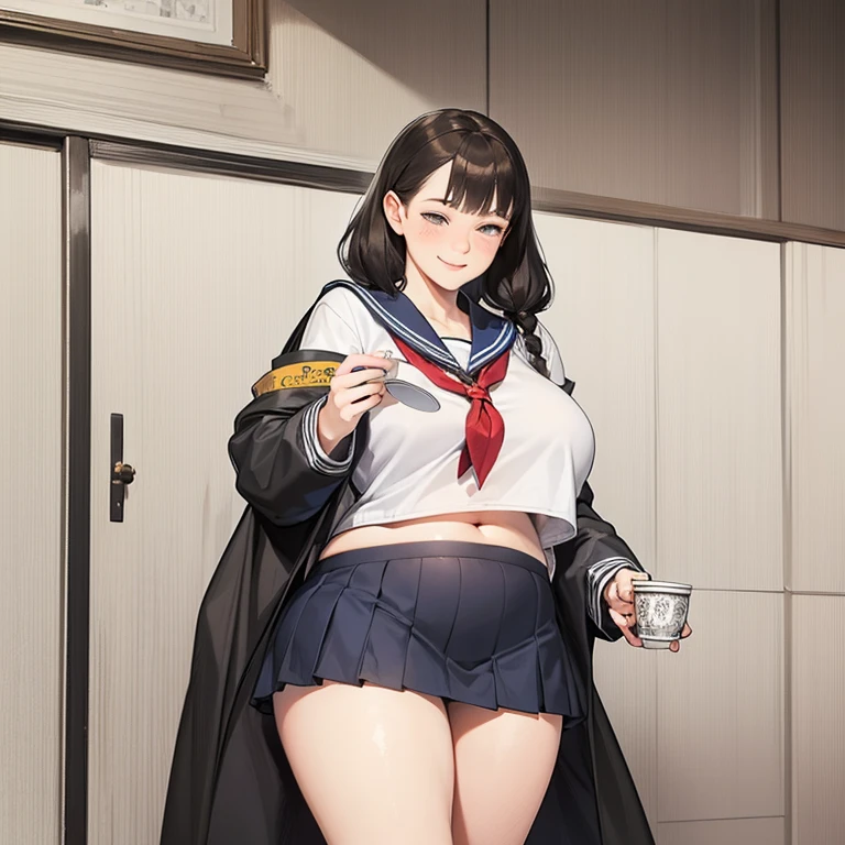 2 girls, by 2 person, Girl's brown eyes, black hair, medium long hair, Inward roll、(Navy blue sailor suit:1.4),indoors, Cafe、very big breasts、publish one'chest of、Naked things'chest of、blush、embarrassing、scary face、I'm worried、confused face、a large amount of breast milk comes out of the nipples,、Breast milk gushes from the nipple、very short skirt、micro mini skirt、female shape'Private parts are clearly visible、vibrator in thighhighs、The crotch is wet with love juice、Massage the breasts、Looks painful、Full body portrait