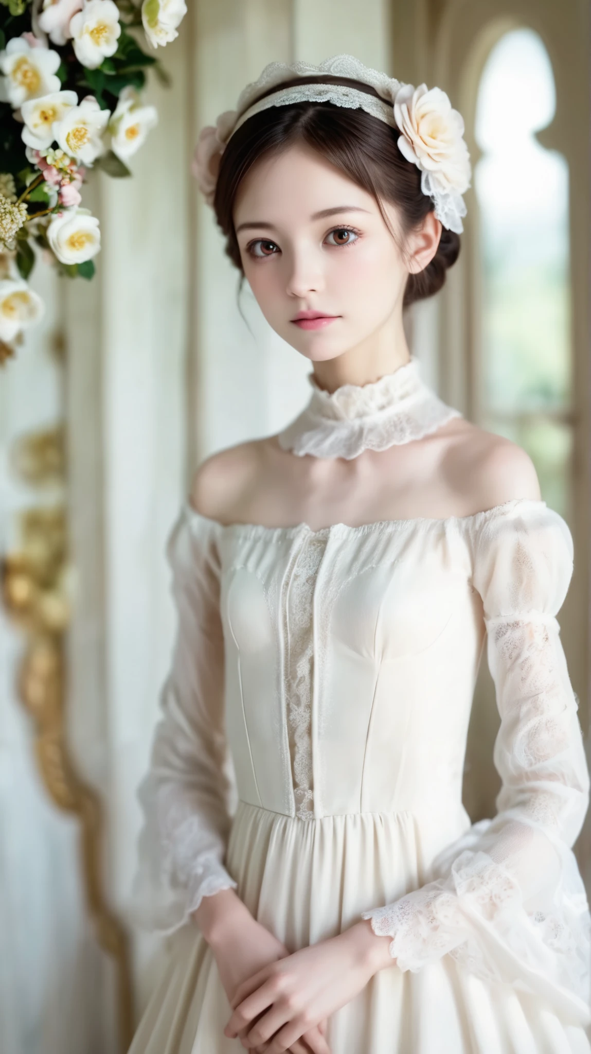 score_9, score_8_ up , score_7_ up ,rating_safe,20 years old,8k,4K,16k, more details , beautiful, beautiful, masterpiece, top quality , Vibe, mystery, romanticism, creepy , literature, art, fashion, victorian , Decoration, complicated , Ironwork, meditation, Deep Emotions , S upernatural , 1 girl, white skin,delicate, very skinny,bungs, Moderate breasts at night, brown eyes, skinny , slender , short,thin body, young, かわいい young女の子 ,Narrow shoulders, exists, Japanese