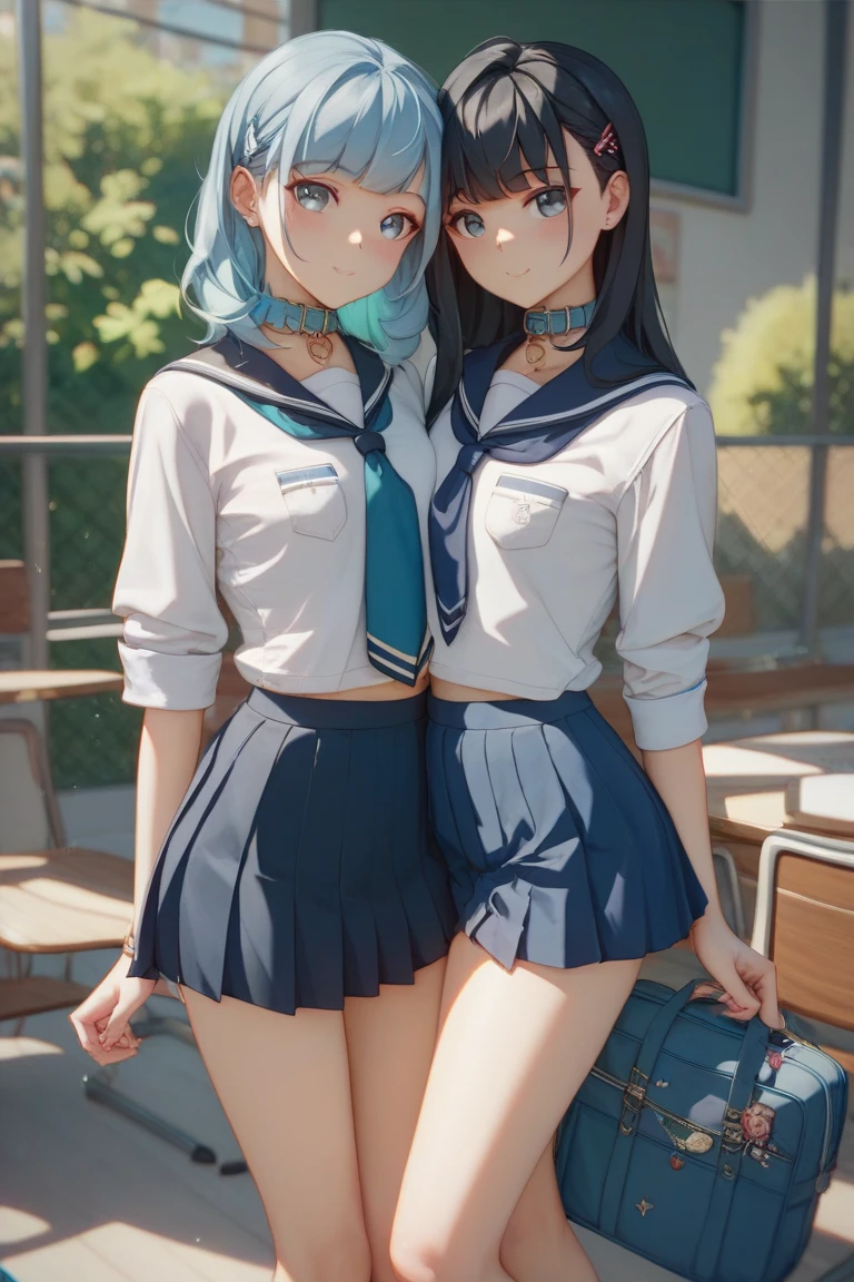 Create an anime-style illustration of a 17-year-old girl named Shizuka. She has long, straight, blue hair with bangs cut straight across her forehead. She has large, almond-shaped silver-blue eyes and porcelain-like white skin. Shizuka often wears glasses.Getting ready in the morning、Super big breasts、(Highest quality:1.4), (super high quality), (Very detailedな), 1 beautiful girl, So cute, (school uniform, Pleated mini skirt:1.5), (Very large breasts:1.1), (Slender body:1.1), (thin and delicate legs), Real skin texture, (Drop your bangs to the side), Bright and shiny lips, Advent of the Beautiful Goddess, Beautiful background, Golden Ratio, Conceptual Art, Very detailed, Accurate, Advanced Details, Outdoor, Sexy Art, Bright light, Ultra-detailed illustration details, 8K wallpapers incorporating highly detailed CG, RAW Photos, Professional photos, Cinema Lighting, , (Nipple protrusions push up the uniform), Cropped tops,
Long Hair