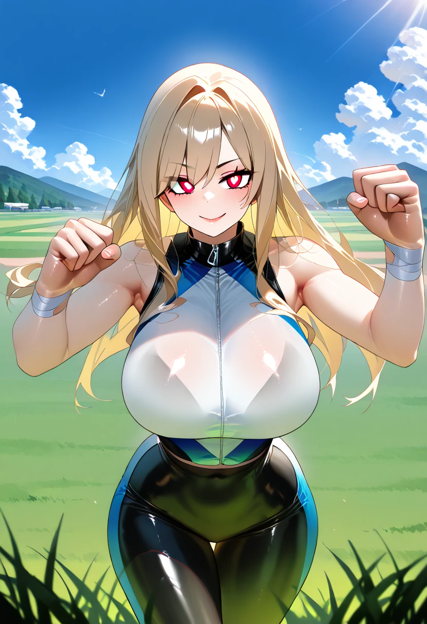 master-piece, bestquality, 1girls,16 years old, View viewers from front, HD, slight smile, big tits, cleavage, tights cloth, , tiny body, leaning forward, outdoor, mountain, wear glasses, under tits cleavage, look down, sweater, hands on kneels, stand up, blue bodysuit, samus aran,