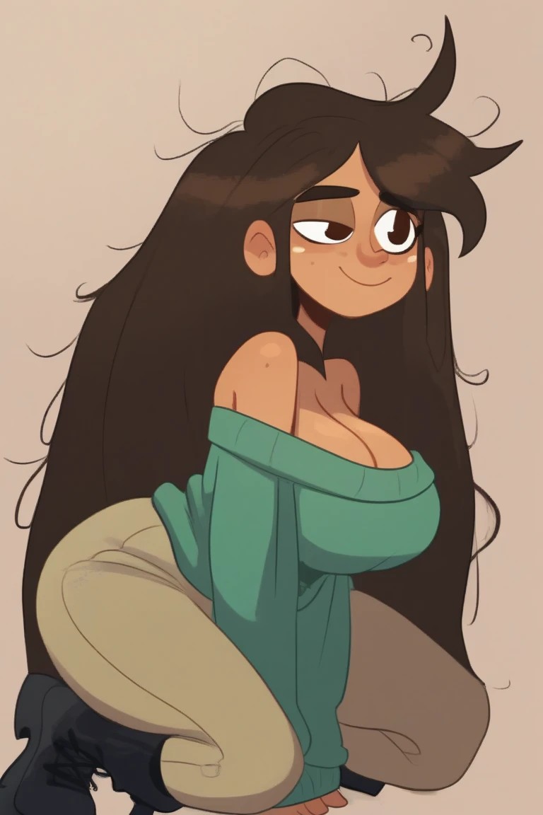 Ralph Bakshi Style, Curvy blue eyed girl with long wavy black hair and small breasts, (cruel_expression):3.0, (pubic_stubble):3.0, (crude):4.0