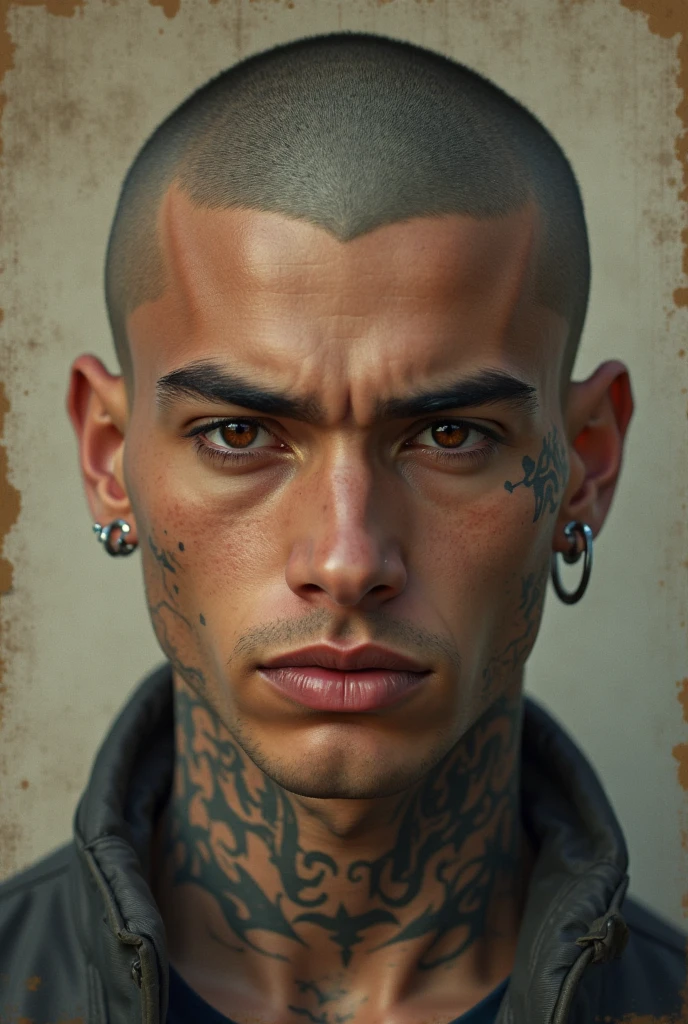 Young man with tattoos on chest and neck, rapaz tatuado, Buzzcut marrom, macho Tatuado, short hair on top of his head, rosto largo raspado limpo, linha angular do maxilar, shaved head, modelo masculino, Stephen James 8k