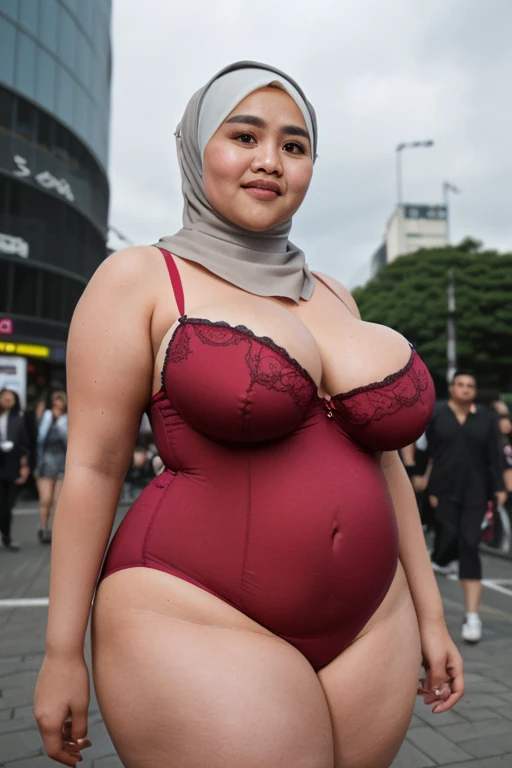 Korean beautiful girl wearing Hijab, ((best quality)), ((masterpiece)), (detailed), perfect face, youngchubby, wearing Red Bra and miniskirt, chubby cheeks, chubby arm, chubby thighs, small breasts, wearing a sneakers, medium hair style, full body photoshoot, tattooed body