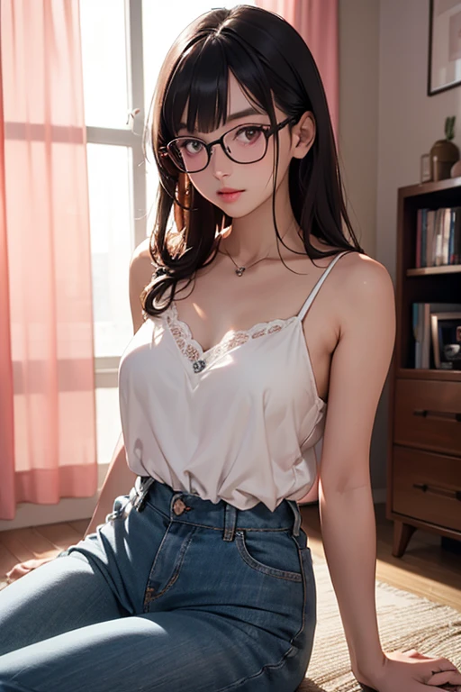 There is a woman sitting on the floor with her legs crossed..., Wearing glasses, Japanese Model, Wearing glasses on, Wearing square glasses, Young Sensual Gravure Idol, Yasumoto Oka, Genuine young gravure idol, Without glasses, Yoshitomo Nara, Aoi Ogata, Wearing glassesいる, Surreal,Provocative,((Beautiful Skin)),((Skin Texture)),((Real Touch)), healthy, unreddish skin, Cute freckles on the cheeks,Mole under left eye,