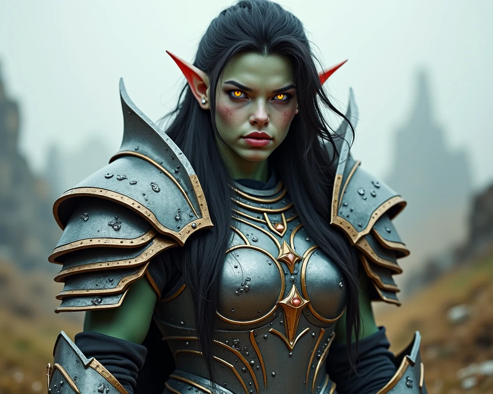 A female orc warrior, detailed face and expression, intricate armor, medieval fantasy, dark tones, dramatic lighting, highly detailed, cinematic, digital art, fantasy art, concept art, 8k, photorealistic