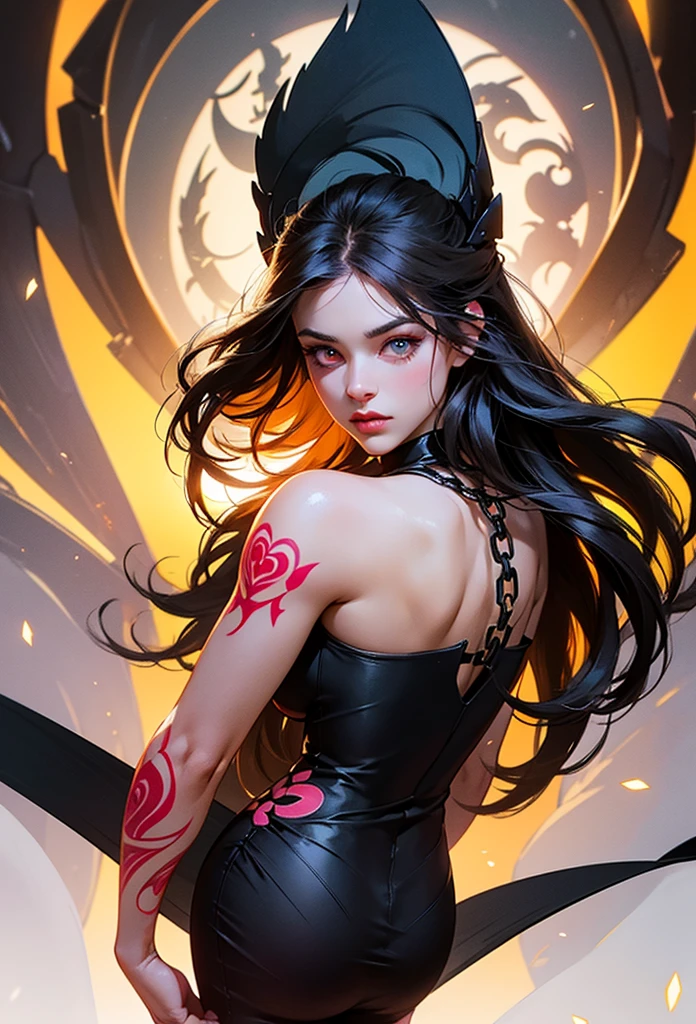(work of art, best qualityer, ultra detali, best shade), (detailed back ground,black fantasy), (beautifull detailed face), hight contrast, (better lighting, extremely delicate and beautiful), ((cinematic light)), colorfully, Hyper-detail, Dramatic light, details Intricate, (1 girl, standing alone,Bblack hair, sharp face,low twin tails,Eyes red, hair between the eyes,dynamic angle), blood splatters, rotating black light around the character, Depth of field,black light particles,(vidro quebrado),magic circle,
