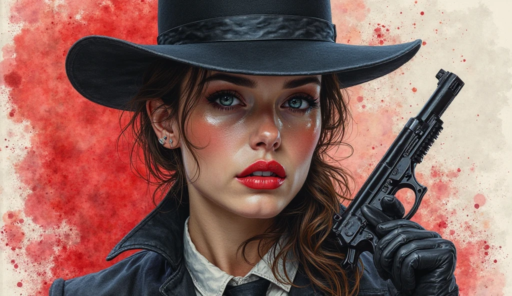 Cowboy shot of a blood drops on a woman's face, shiny eyes, elegant, lovely, dark, dramatic light, in the style of mike deodato, realistic detail, realistic hyper-detailed rendering, realistic cinematic details, Zbrush
