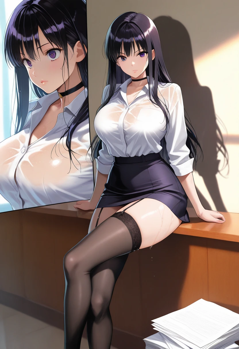 One Girl, Five Fingers, mini skirt, Looking down at the viewer, Black Hairロングヘアー, Highest quality, Focus on the thighs, Dynamic pose, smile, blazer, blouse, barefoot, Standing Split, classroom, Black Hair, Stylish pose,My thighs and groin are steamy