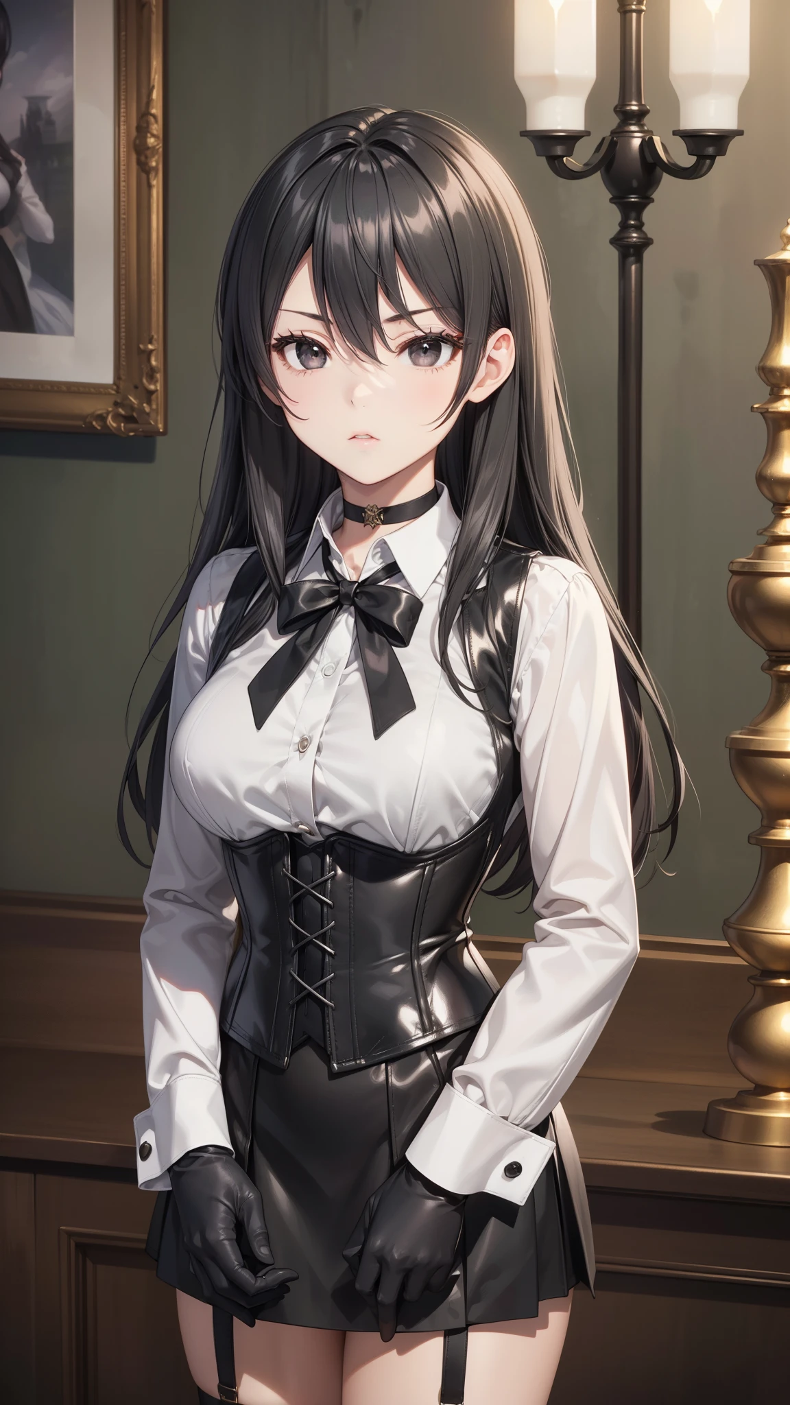 masterpiece background, beautiful art, professional artist, 8K, sciamano240, very detailed face, detailed clothing, Detailed fabric, (A young girl of short stature), perfectly drawn body , beautiful face, closed lip vest, (long black hair), black eyes, very detailed eyes, serious expression, detailed lips, choker:1.6, (long sleeve buttoned white collar shirt), black gloves, gloves that cover my hands , (black leather corset), (short black skirt), show details in the eyes, elegant room, candelabras, at night