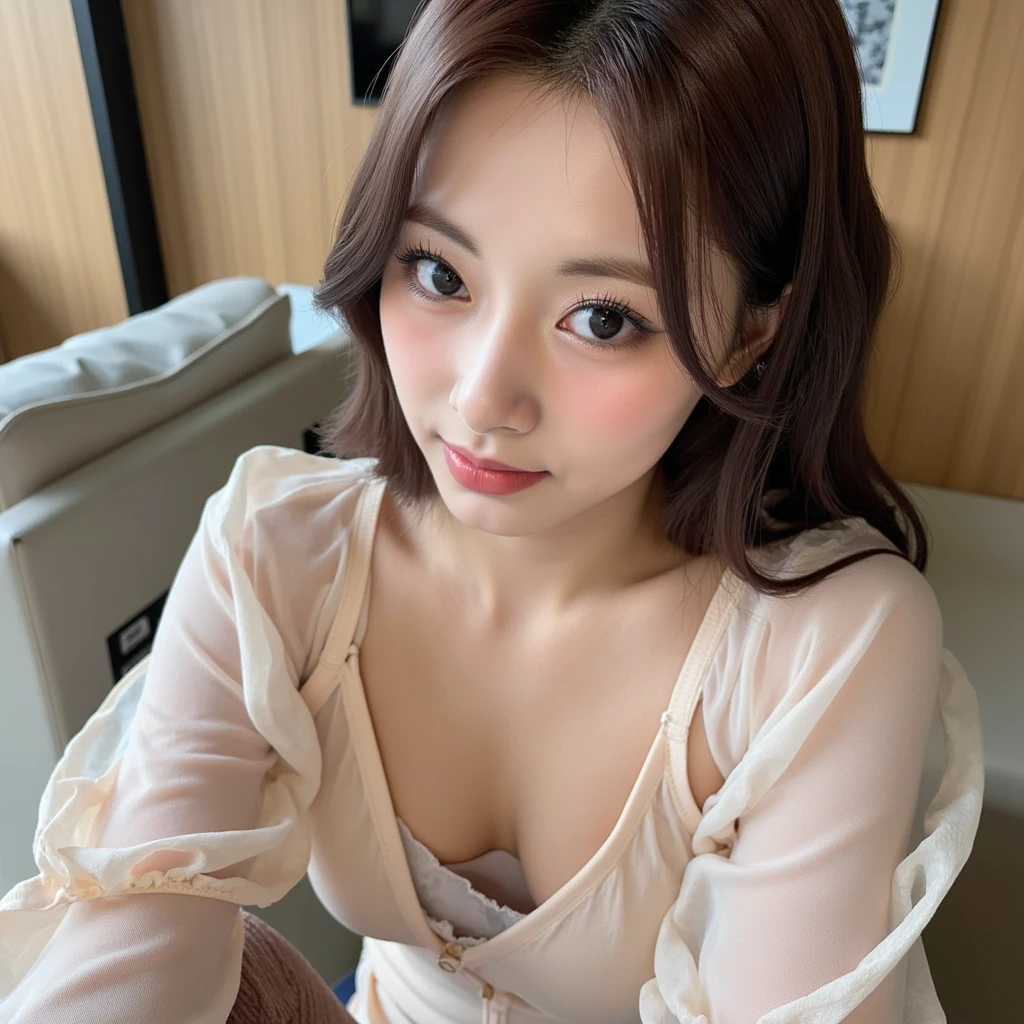 (masterpiece:1.3), High resolution, Very detailed, Very detailedな CG Unity 8k 壁紙, Realistic, photo-Realistic, RAW Photos, Beautiful and elaborate face, Pale skin, Realistic glistening skin, High quality fabric, Detailed hair texture, Perfect body, Beautiful Face, Accurate, Anatomically correct, Very detailedな顔と肌の質感, Natural neck length, (Beautiful Hands), (Fair skin:1.2), Thin legs, Thin legs,
break,
Beautiful Eyes, Symmetrical eyes, Light brown eyes, double eyelid, Thin eyebrows, (Glossy Lips:1.4), (Smiling Kindly:1.2),
break,
(Elegant and cute:1.3), (Wearing a blouse:1.3), (See through:1.3), (Sexy panties:1.2),
(Medium size big, Slim figure, Toned Abs, Hard chest:1.1), Beautiful clavicle,
(Dark blonde hair, Wavy Hair, Long Hair:1.2), ((Asymmetrical bangs:1.2)),
break,
((On all fours in a luxurious bed:1.3)),
(modern japanese bedroom), (Cowboy Shot:1.2), Looking at the audience, (From below:1.3),