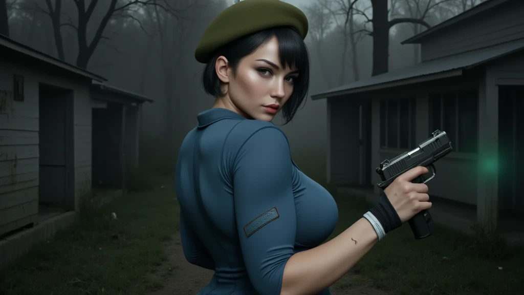 (masterpiece:1.1, Best Quality:1.1) (Photorealistic:1.3) (Bokeh), (Detailed), (High resolution, 32K HDR), 1girl, (portrait of Jill Voth), (beret, shoulder pads, blue military uniform, light blue shirt), (blood on face), parted lips, (abandoned old mansion:1.3, in the deep forest:1.2), window, (hyper derailed face:1.35, Ultra-realistic skin texture:1.1, Detailed eyes:1.15), (super giant breasts:1.55, Realistic nipples:1.35), (squat down:1.5, open legs:1.3), (realistic haze, fog and mist:1.7), Full body shot,