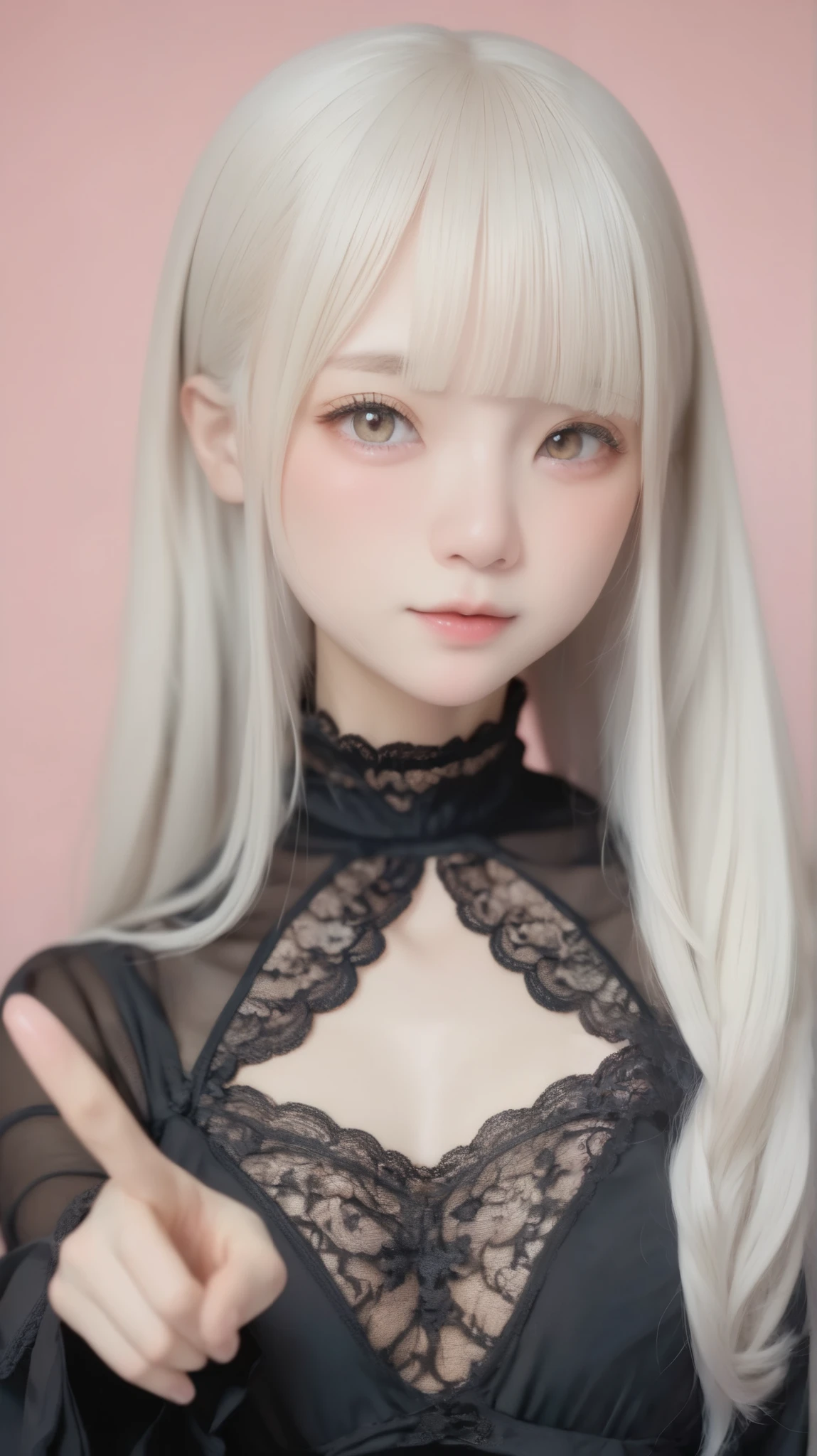 perfect anatomy, point to the screen :1.37, Japanese girls , alone、one girl、少し短い首:1.7, Albino Skin, Gray Hair, straight long hair , light brown eyes, high neck lace fabric black dress, (((black clothes:1.7))), , artistic lace pattern garment、 light pink background pointing down