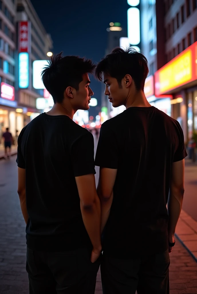 Two boys, korean, embrace, in the street, bang, muscle,sexy, thong underwear, abs, topless, city