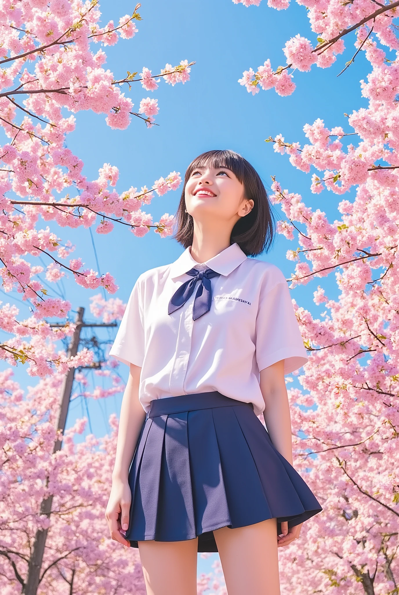 face looking up、angle from above、cherry blossoms are blooming on the top layer、cherry blossoms、Cherry blossoms are scattered in the sky、smile、Very beautiful Korean girl、(age:1.1), black hair( detailed hair :1.2), (accessory:1.1), Blue eye(eye:1.3), ( active pose :1.2), (girl body type:1.1), short cheerleader-style skirt(Detailed Clothes:1.2) 、Full body Sbien、profiles 、short hair、The background is a single color、明るい影とcolor合い、(detailed background:1.1)、 アニメstyle、(Detailed view:1.3), digital art 、(Expression of light and shadow:1.3), (color:1.2), Delicate Description 、(style:1.2), character design、(composition:1.2)。Suzu Hirose、Suzu Hirose、cute