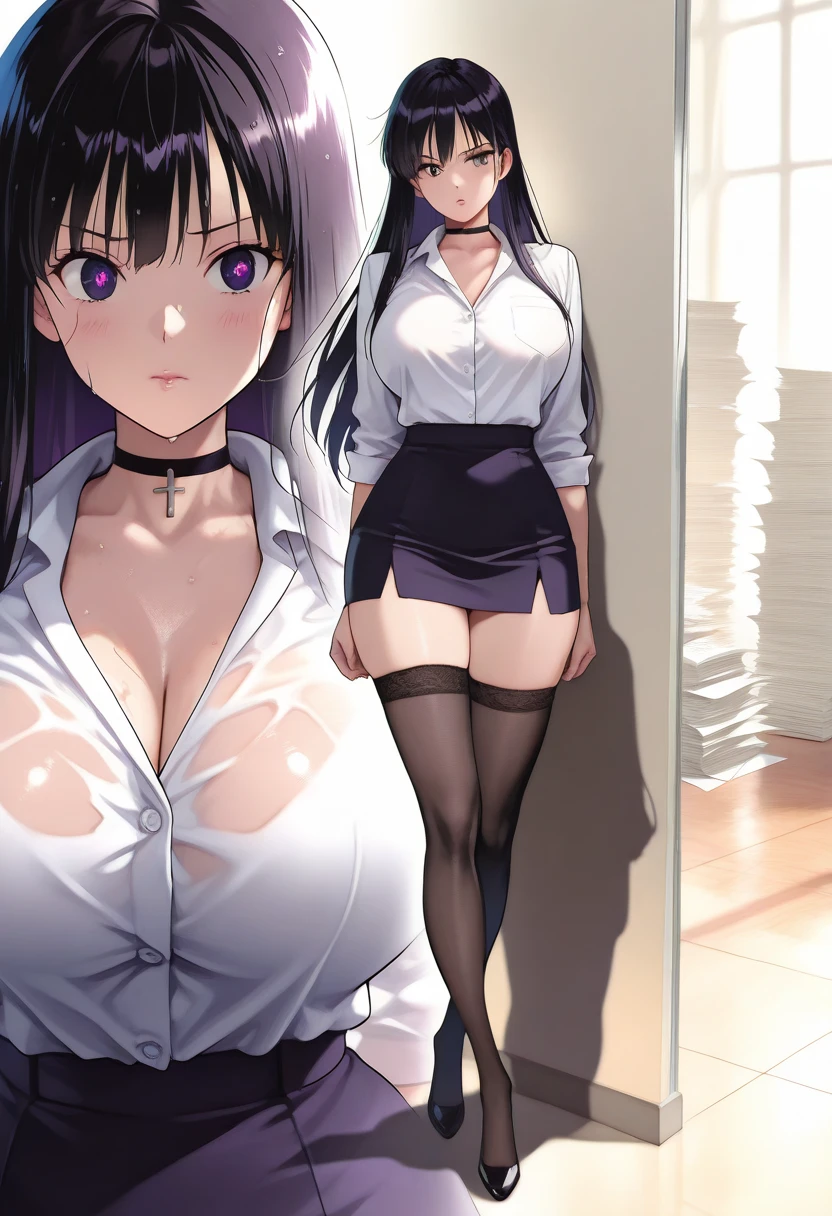 8K, High resolution, Super detailed, (masterpiece:1.4), Highest quality, Symmetrical body, whole body,choker無表情、（Black knee-length socks:1.4）Micro mini skirt twin tails, Hair Ribbon, collar, Chain Necklaces, Expose your shoulders, Cleavage, Off the shoulder, Pink jacket, Open jacket, abdomen, belt, Black Skirt, alley, inquiry, Talk to your audience、 口を閉じて Are Are standing、View your audience,, tattoo, High heels, but, belly button, smile, Purple Lipstick、saliva, black micro mini skirt、 tattoo、（濃いPurple Lipstick、Purple lips）Leather long boots、Highlight the face、、（濃いPurple Lipstick、Purple lips）Purple eyes, Purple lips、Absolute area、Leather Micro Mini Skirt、Are standing（sunglasses:1.4), choker, cute, alone, Earrings, Long Hair, Dark purple hair, Brown eyes, Glow effect, Finely grained, Grin, 大きなsmile, Detailed face, View your viewers, Smiling at the audience, office, Are standing, Diagonal view, Big Breasts, teasing, Captivating look
