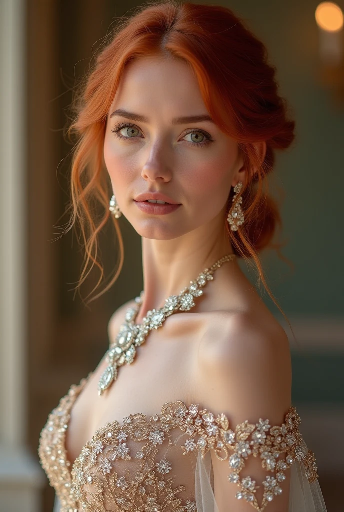 Redhead woman with jewelry , prom dress and hairdo, vertical image 
