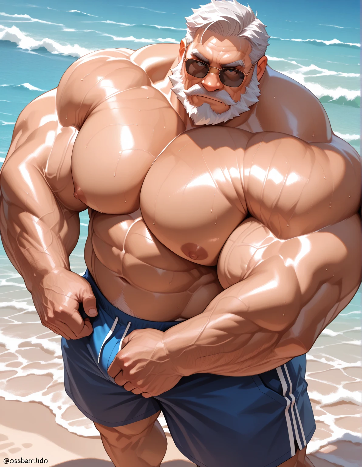 (masterpiece, best quality, detailed:1.2) old muscleman, daddy, long wavy white hair(king triton), big white beard, smiling , happy face, smirk, wearing a spandex speedo(pink) thong, very muscular body, chest hair , nicebulge, seascape, fluffy clouds, mustache, realistic, full body shot, shiny spandex thong(!), playing in waves, beach ball, beach ball spinning, tan skin, water dripping off his body, water droplets glistening, walking towards me, big waves in background, next to a sandcastle, sand castle, shiny skin, sunglasses(pink), lots of tattoos on arms, tattoo sleve, surfer necklace,m, tropical flora, tropical flower in his hair, sitting in the shade of a palm tree, cold cocktail in hand, cheers, legs open