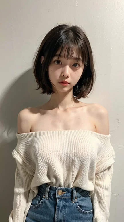 Close-up of a brown-haired woman in a white shirt, Layered Cut、Above the chest - long hair, Medium length hair, Curtain bang, Medium Hair, with short hair, Princess Cut, Shoulder-length hair, 白Princess Cutの髪型, Korean symmetrical face, short～Medium Hair, Shoulder - Length, Neat hairstyle with bangs、White wall、In front of the white door、((窓のあるWhite wallの部屋))、Mr..々Pause、Simple Necklace、Don&#39;Don&#39;Don&#39;t look at the camera