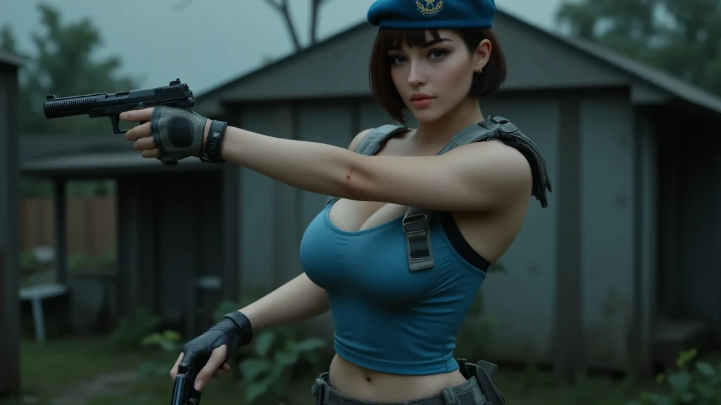 (masterpiece, highest quality:1.2, 8k, Ultra-high resolution), RAW Photos, Professional Lighting, cinematic Lighting, realistic photograph, 1 girl, solo, alone, realistic portrait of Jill Valentine, (black, bob short hair style), (ultra slim waist, perfect slim model body), (beret, light blue of torn short sleeve shirt, realistic & detailed shoulder pads:1.35, fingerless gloves, gun belt, black leather short skirt, boots), (big eyes, Ultra-realistic double eyelids, Ultra-detailed double eyelids), ((((ultra huge breasts, ultra huge cleavages, ultra huge tits, ultra huge boob)))), detailed face, detailed eyes, fine eyes, perfect eyes, ultra realistic & ultra detailed skin texture, (((abandoned high ceiling room, ultra realistic interior of abandoned wooden room, ultra detailed interior of abandoned wooden room, wooden floor, spooky & dark atmosphere:1.4))), (((ultra realistic tentacles extended & creep all over the room, ultra detailed tentacles extended & creep all over the room))), (nsfw:1.1), standing,