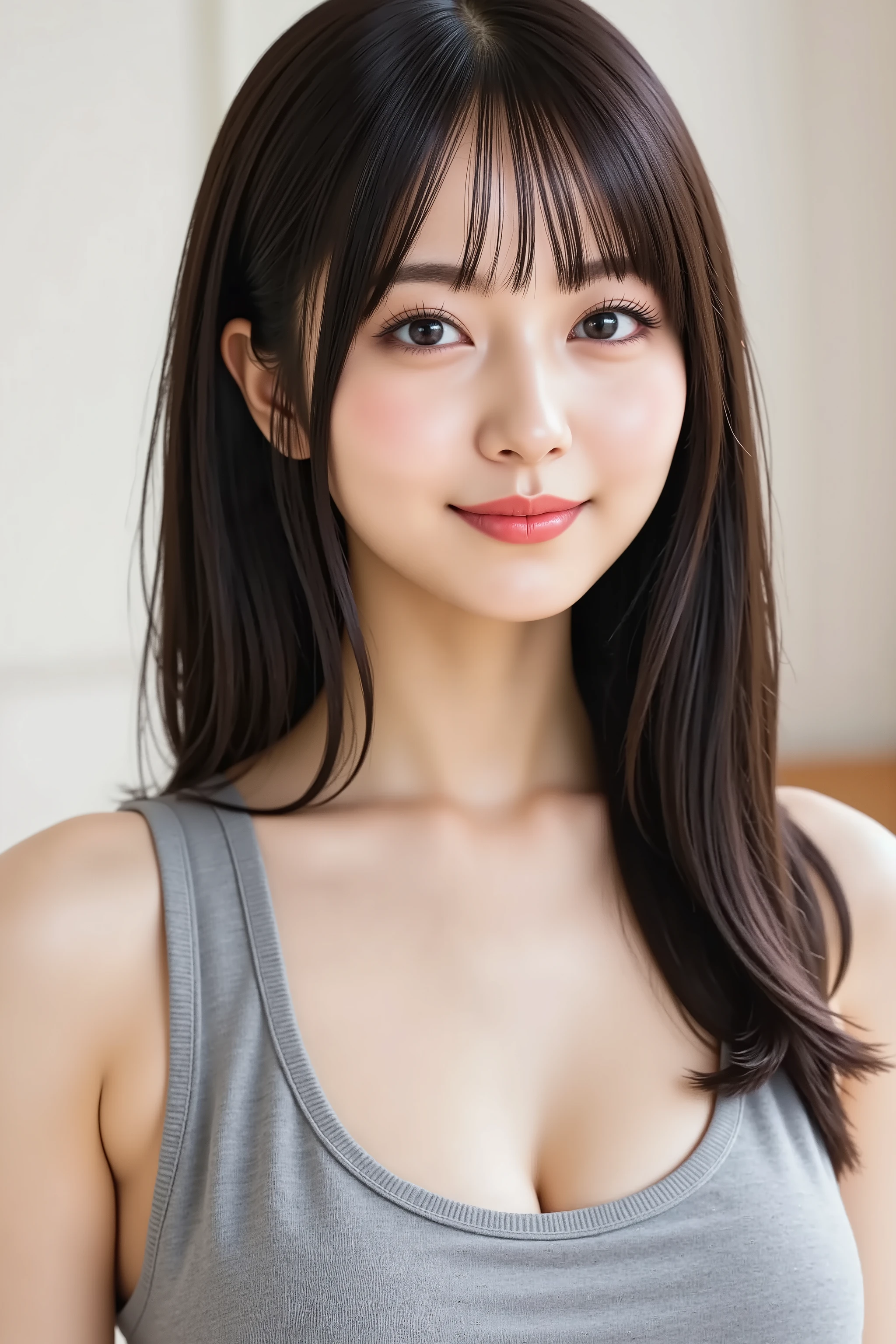 ((Perfect Anatomy:1.2,Realistic,:1.3,Raw photo:1.3,masterpiece、Highest quality、Ultra - High resolution、High resolution、Extremely detailed CG、8K)),Cowboy Shot,1 female,alone,20 year old beauty,((Beautiful and exquisite face and eyes,Big and beautiful eyes)), Brown eyes,smile,(Brown Hair,Long Hair,amount,Center parted hair:1.2、Straight hair),(Big Breasts,Cleavage,Slender body,Small Head:1.3,((skinny:1.4)),((Light grey T-shirt,skinnyパンツ)),Do stretching exercises.,Squat、sports gym