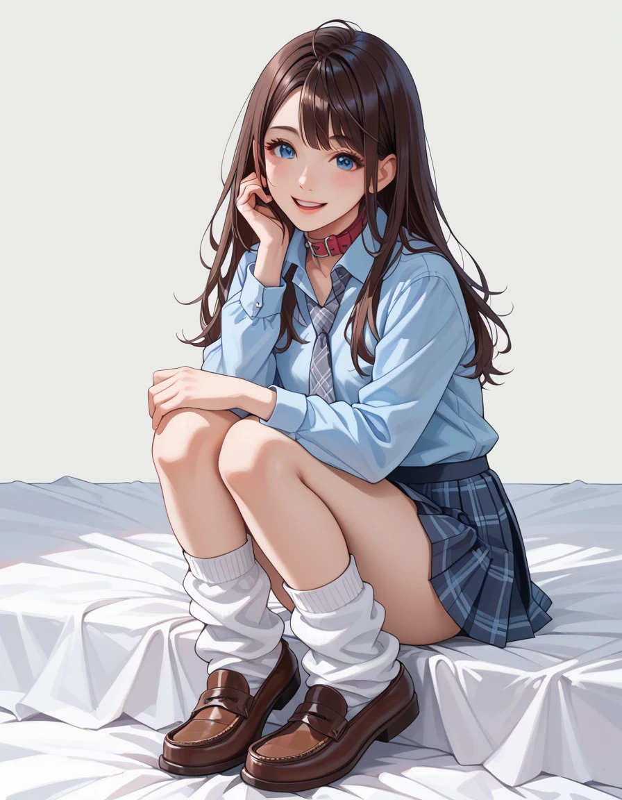 realistic, lip gloss, realistic, best quality, super high resolution, depth, pastel colors, natural shadows, focus on face, just face, looking at the viewer, long hair, brunette hair, brown and detailed eyes, (masterpiece, best quality), 1 girl, solo, from front,
(shut up), smile, parted lips,
Shiny skin, thick thighs, white panties,
, serrap, pleated skirt, loafers, black socks, crouching, indoors, looking at the audience, anatomically correct