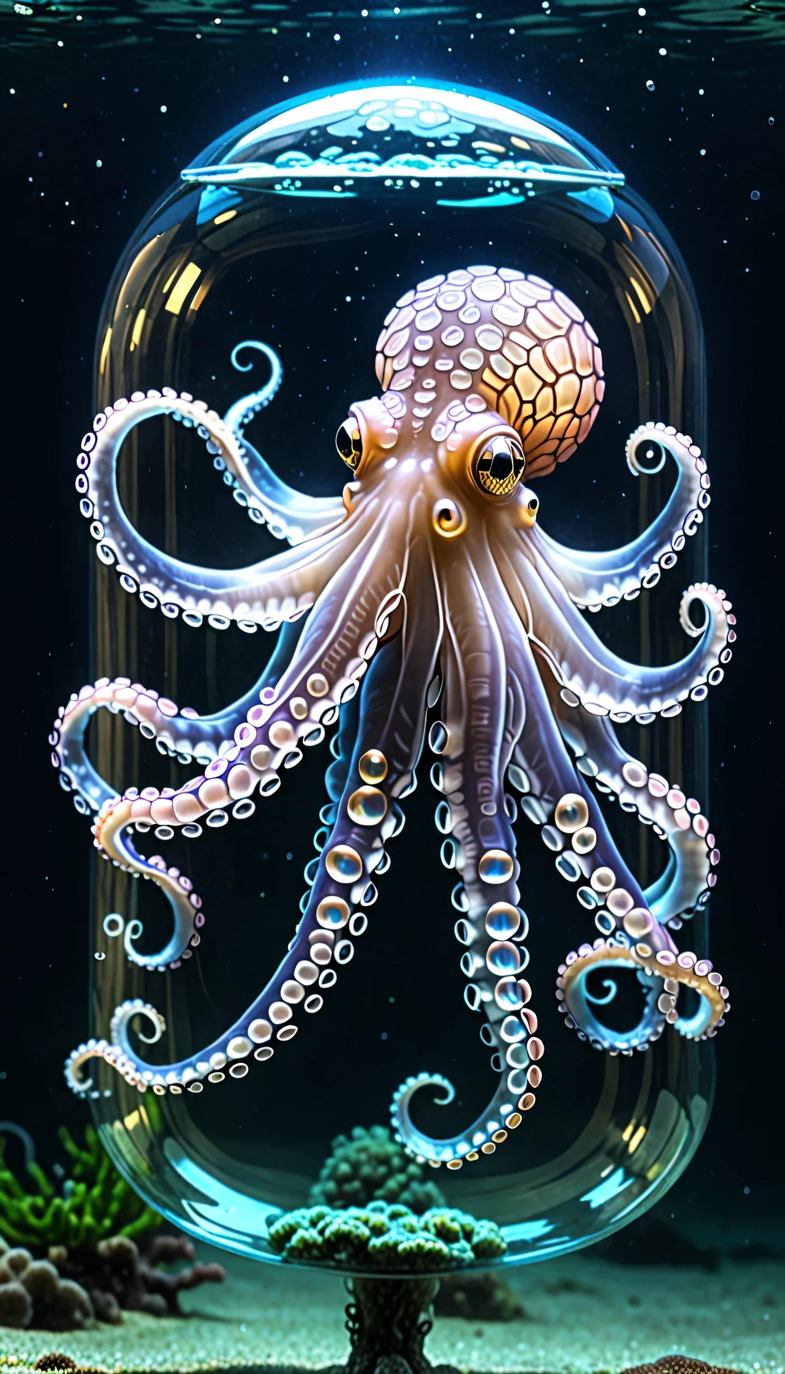 1 transparent octopus. (Octopus's glowing eyes, small brain at the base of each arm)、The octopus is transparent and、9 brains can be seen through。I can see through the brain。it's important to be able to see the brain。