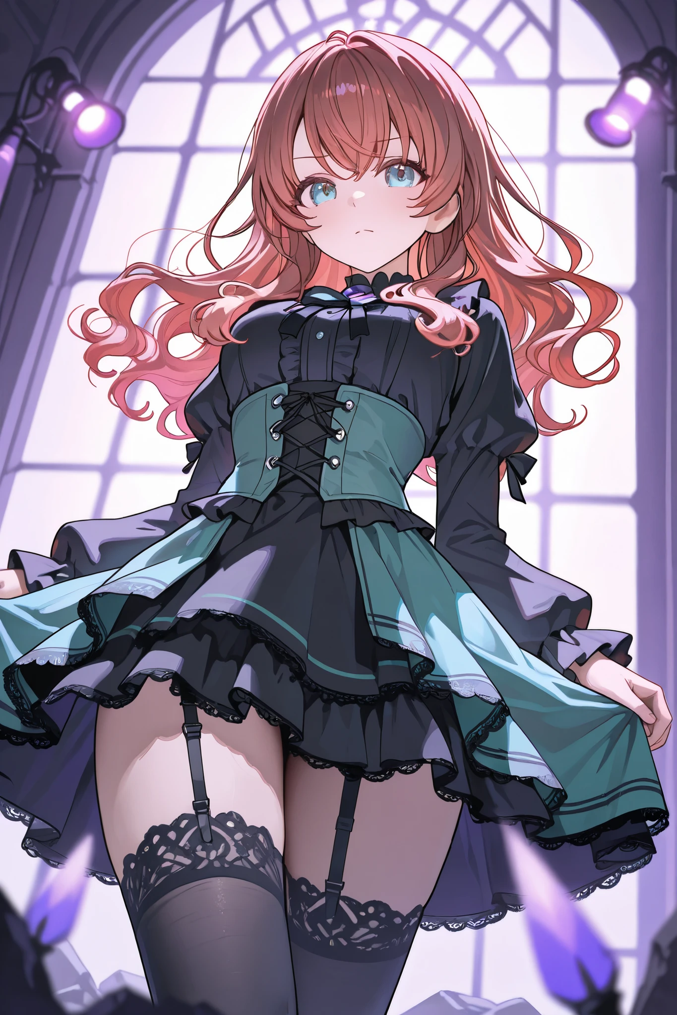 Anime girl in a black and blue dress with a cat on her shoulder - SeaArt AI
