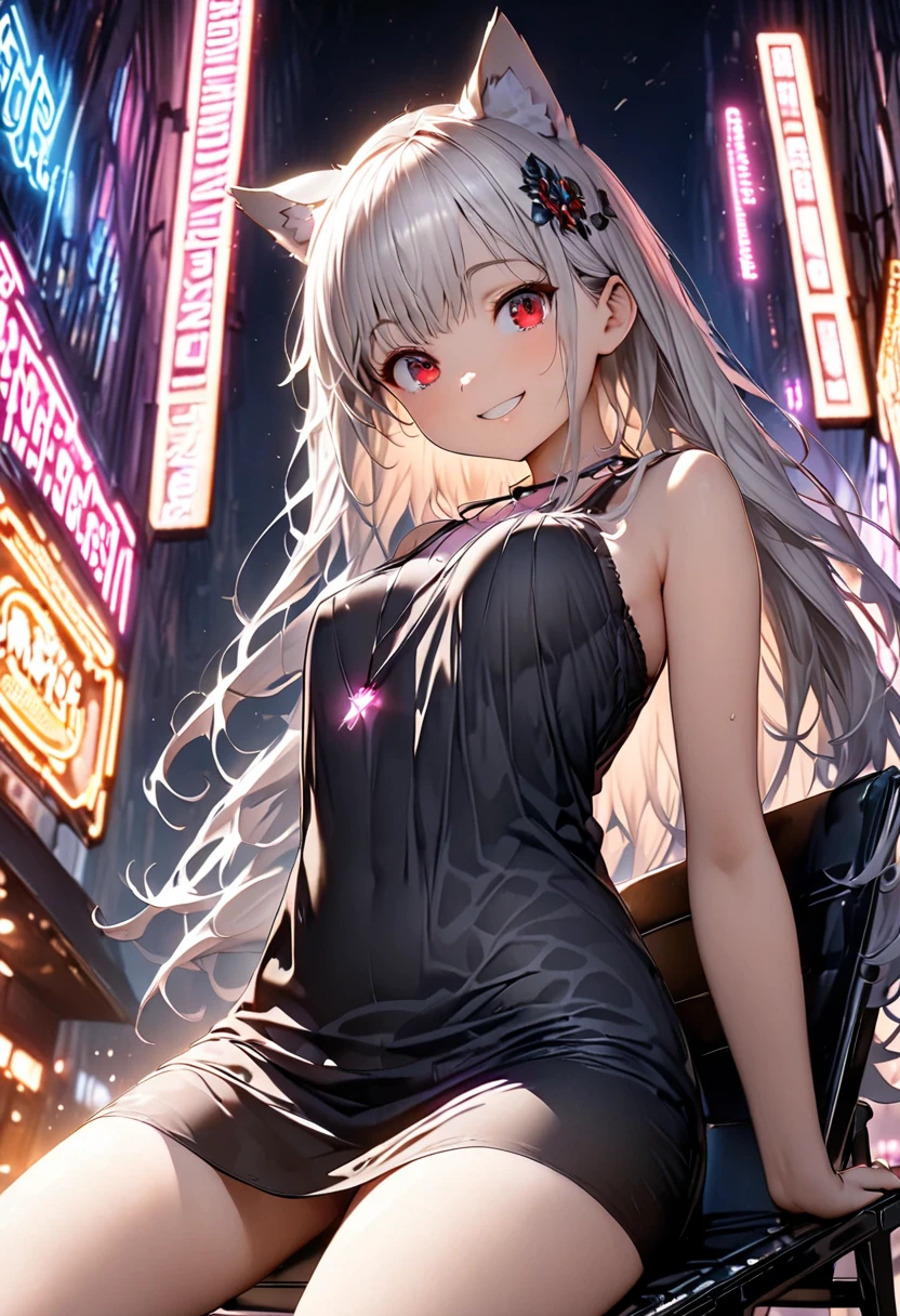 (top-quality、in 8K、32K、masterpiece、nffsw、超A high resolution、Impresionismo、Photorealsitic:1.2)、Colossal tits、cowboy shot、Fox Pose、 detailed faces and eyes、 nightcity、Dim Street Lights、A jack-o'-lantern is placed on the road、Halloween Costumes、beauitful face、blurry backround、16-year-old beautiful girl、shinny skin、long、Wolf ears、Wolf's tail、Long clawed fingers、Silvery beautiful hair、Blunt bangs、The eyes are yellow eyes、(Katyusha:1.2)、Long fingers of wolf claws、Hooded hoodie、one piece dress、Mini skirt、Collar with black laces、Curve、Stand on one knee、(Panties are visible:1.2)、A smile with open mouth and fangs bared、Triangular sitting、Opening legs