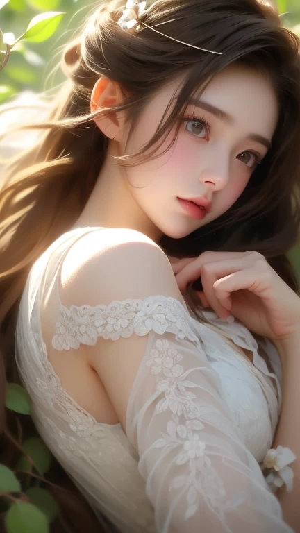 Brown Hair, Pink Eyes, Pink and white, Cherry leaves, Vibrant colors, open-chested white dress, Paint Splash, Simple Background, Ray Tracing, Wavy Hair、Shoot in first person、alone