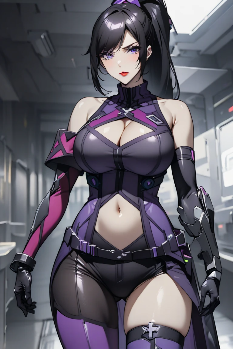 reference sheet, model sheet,(multiple views, [from behind|from side|from front|close-up|upper body|portrait]:1.2),One girl,human, Dark hair with purple strands, Ponytail, purple eyes, black outfit,wearing bulletproof vest,beautiful, masterpiece, best quality, perfect lighting,8k,clean. 