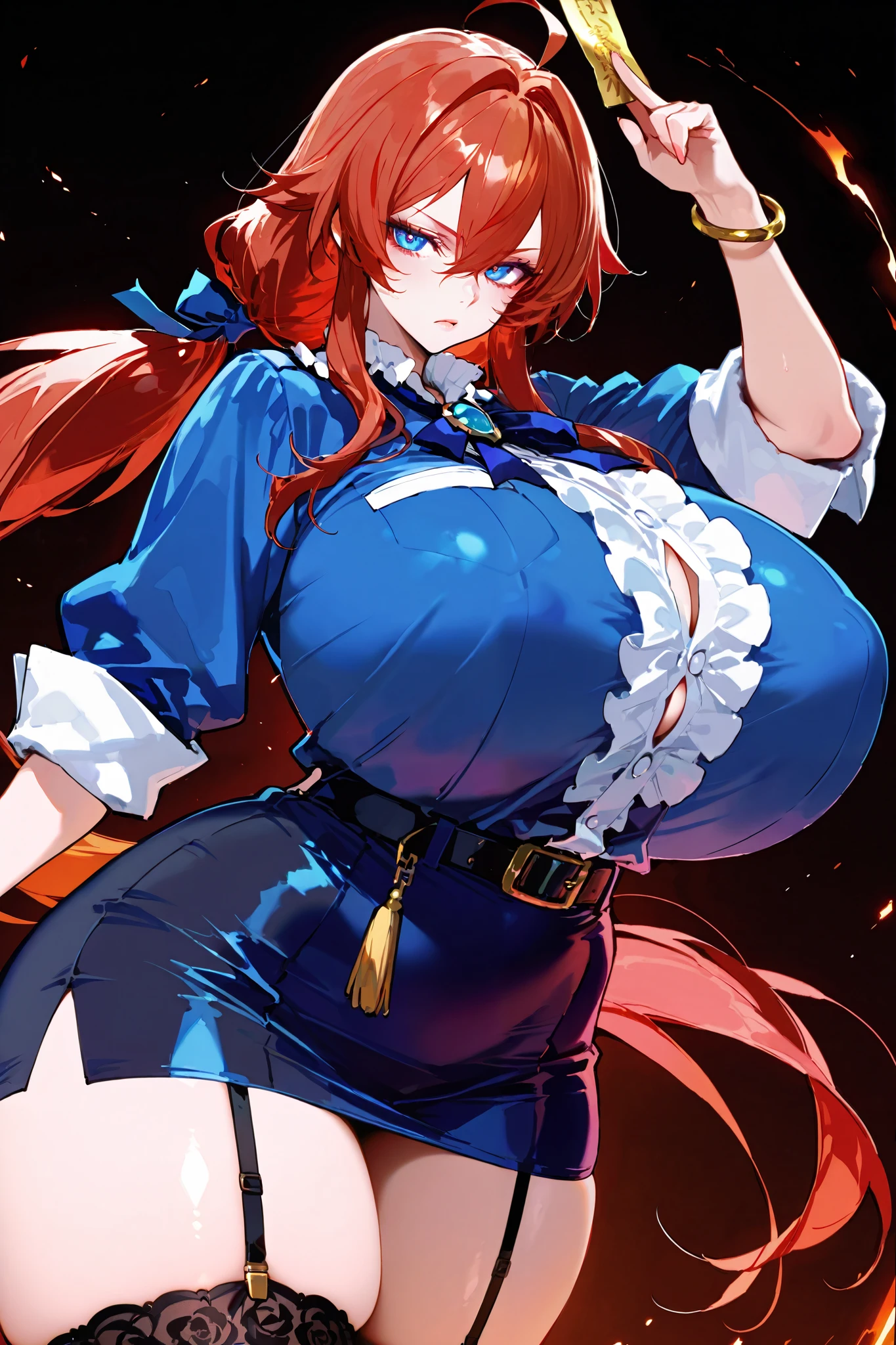 1girl, solo, gigantic breasts, thick thighs, thight fit, ripped clothes, exposed pussy, pubir hair, slight smirk, Makima